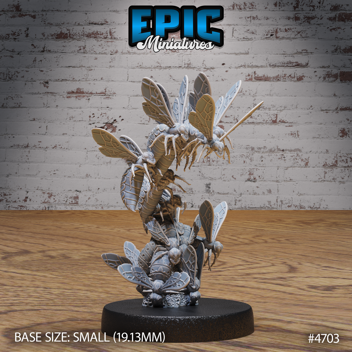 Unpainted grey resin miniature of a wasp swarm by Epic Miniatures — multiple giant wasps spiralling upward from a honeycomb-textured base, wings fanned outward, on a small 19.13mm round black base, photographed from a front-angle perspective on a wooden surface