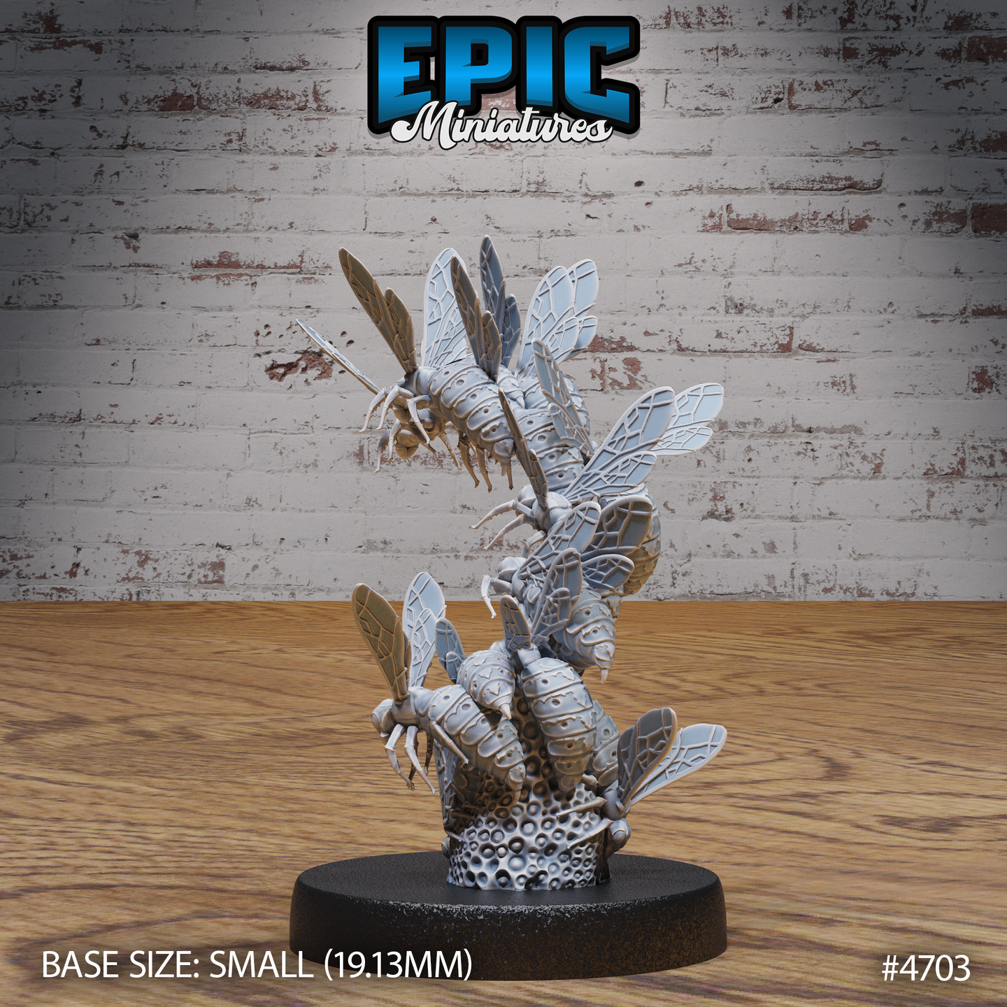 Unpainted grey resin wasp swarm miniature by Epic Miniatures — rear and side view showing densely packed segmented bodies, articulated legs, and layered veined wings spreading outward from a honeycomb base, small 19.13mm round base visible