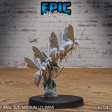Unpainted grey resin Wasp Swarm miniature by Epic Miniatures — multiple giant wasps in dynamic poses erupting upward from a detailed honeycomb base, wings spread wide, viewed from a three-quarter angle. Medium 25.5mm base. Reference number 4704.