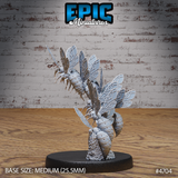 Rear three-quarter view of the unpainted grey resin Wasp Swarm miniature by Epic Miniatures — showing segmented wasp abdomens, veined wings, and the honeycomb hive base in detail. Medium 25.5mm base. Reference number 4704.