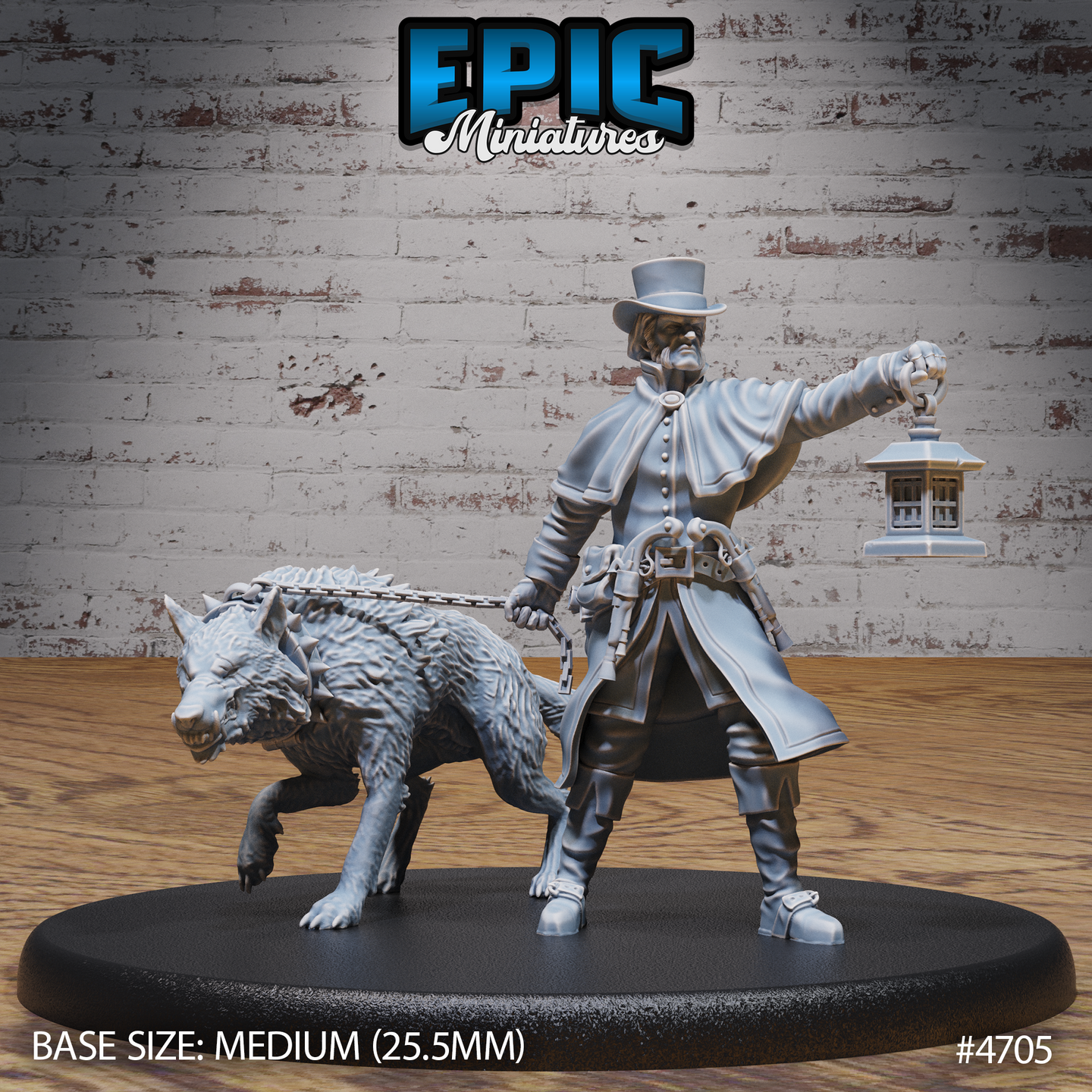 Front view of an unpainted grey resin 32mm miniature showing a male figure in a long coat and top hat holding a lantern aloft, with a snarling spiked wolf on a chain crouching beside him, on a medium oval base