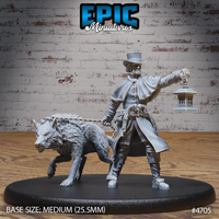 Front view of an unpainted grey resin 32mm miniature showing a male figure in a long coat and top hat holding a lantern aloft, with a snarling spiked wolf on a chain crouching beside him, on a medium oval base