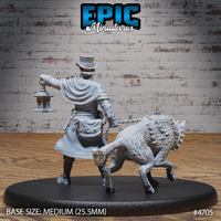 Rear view of the same unpainted grey resin miniature showing the flowing cape and caped collar of the beast warden and the bony spines covering the back and hindquarters of the chained wolf, on a medium oval base