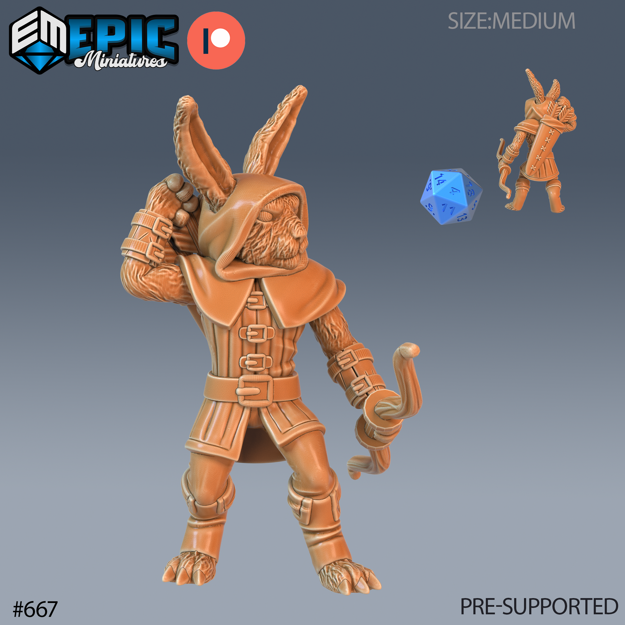 32mm resin digital render of a Harengon archer miniature by Epic Miniatures — bipedal rabbit folk warrior in a multi-buckle leather coat and deep cowl, one arm raised in a bowman's draw pose, holding a recurve bow, with tall alert ears and clawed feet; scale reference d20 and side-view thumbnail visible