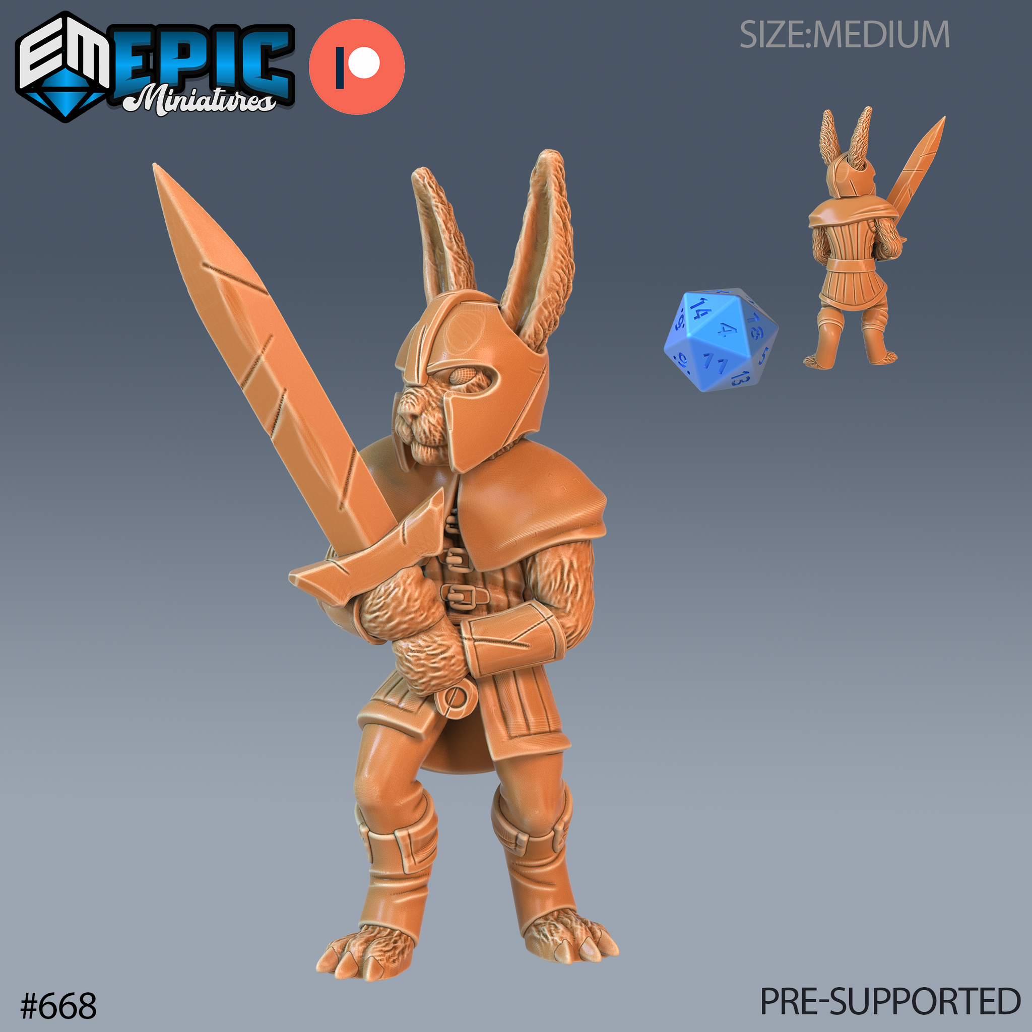 32mm resin miniature render of a Harengon swordsman — an armoured rabbit-folk warrior wearing a fitted open-faced helmet with long ears exposed, leather pauldrons, buckled belt, and leg wraps, holding a large two-handed sword diagonally across the body in a guard stance. Front and back views shown alongside a blue d20 for scale. Digital render in warm orange-tan colour.