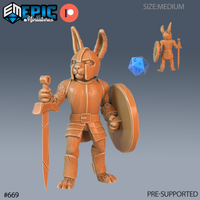 Digital render of the Bunny Knight miniature by Epic Miniatures — an anthropomorphic rabbit warrior in segmented armour, holding a broadsword in the right hand and a large round shield in the left, with long ears rising from a close-fitting helm; front and rear views shown alongside a d20 scale reference