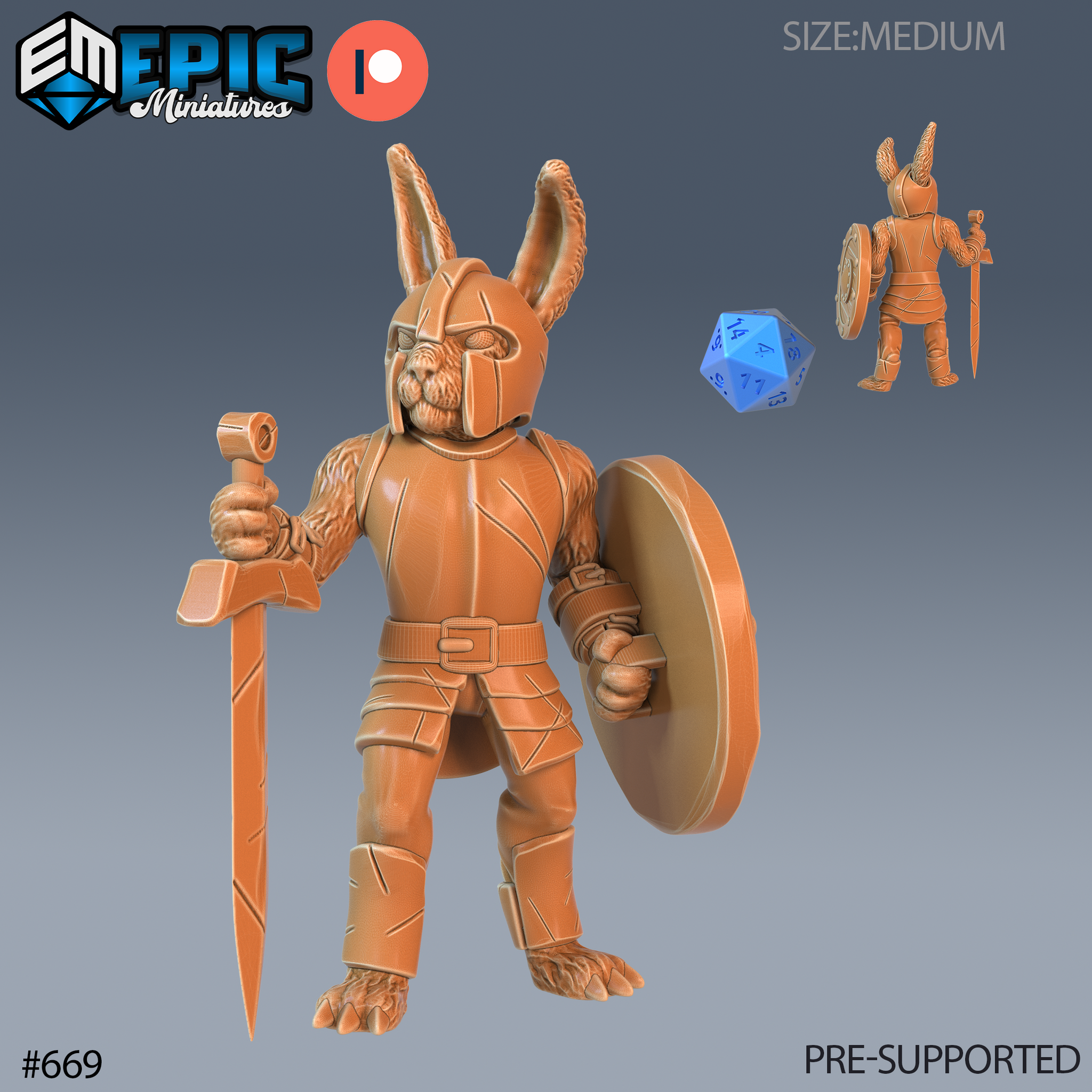 Digital render of the Bunny Knight miniature by Epic Miniatures — an anthropomorphic rabbit warrior in segmented armour, holding a broadsword in the right hand and a large round shield in the left, with long ears rising from a close-fitting helm; front and rear views shown alongside a d20 scale reference