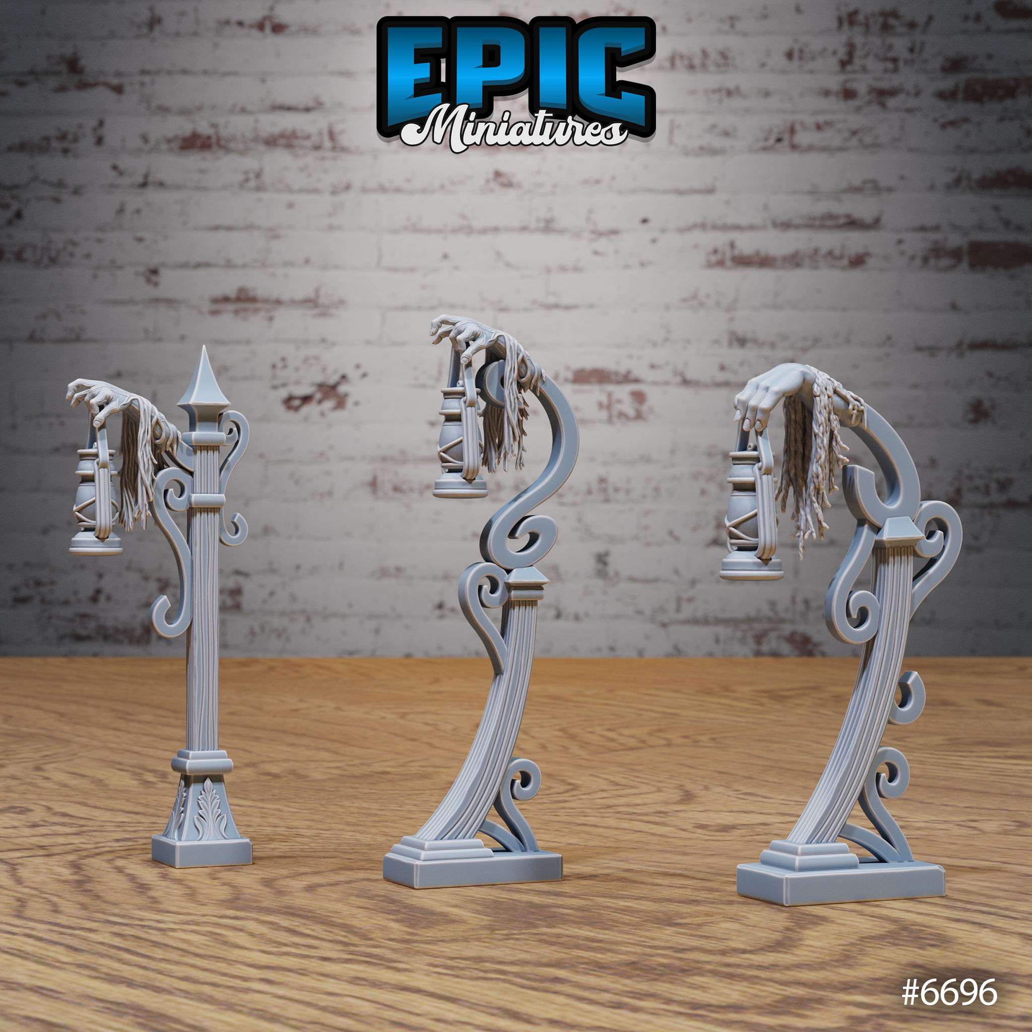 Three unpainted grey resin zombie hand lamp post miniatures from Epic Miniatures — front view showing a tall fluted column with pointed finial, a curved ornate S-scroll post, and a broad architectural pillar, each topped with a skeletal rotting hand clutching a tattered lantern with hanging cloth wicking, on rectangular flat bases