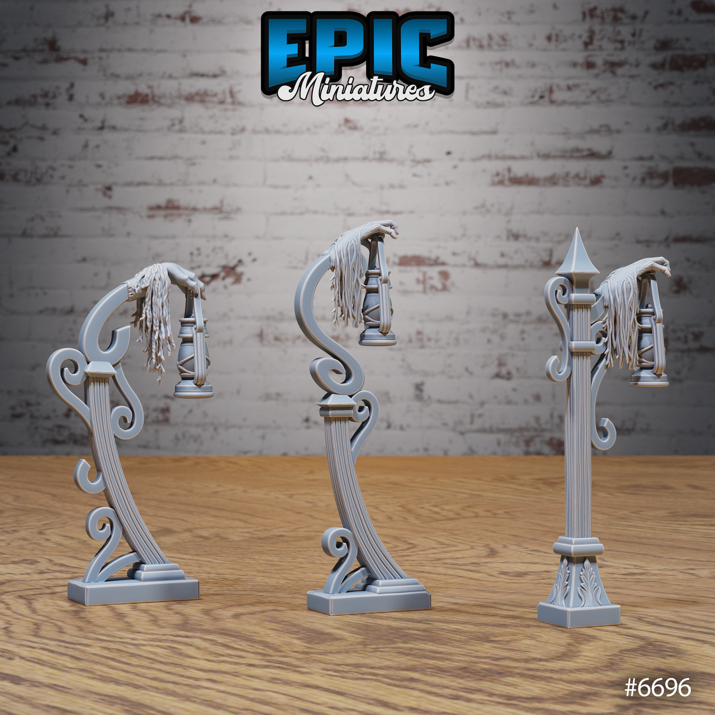 Three unpainted grey resin zombie hand lamp post miniatures from Epic Miniatures — rear three-quarter view showing the ornate ironwork scrollwork and acanthus leaf base detail on each of the three distinct lamp post designs, each crowned with a skeletal hand gripping a decayed lantern