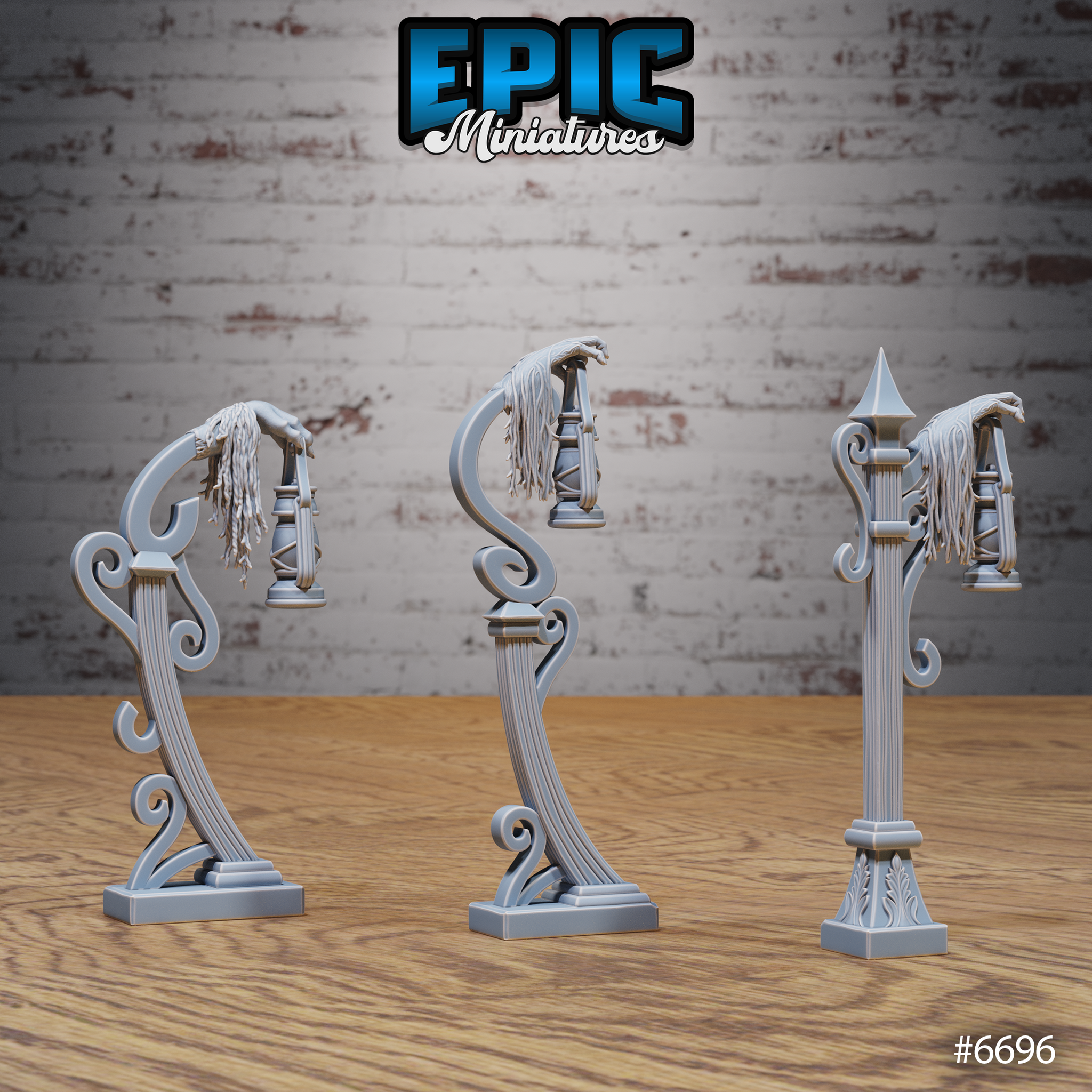 Three unpainted grey resin zombie hand lamp post miniatures from Epic Miniatures — rear three-quarter view showing the ornate ironwork scrollwork and acanthus leaf base detail on each of the three distinct lamp post designs, each crowned with a skeletal hand gripping a decayed lantern