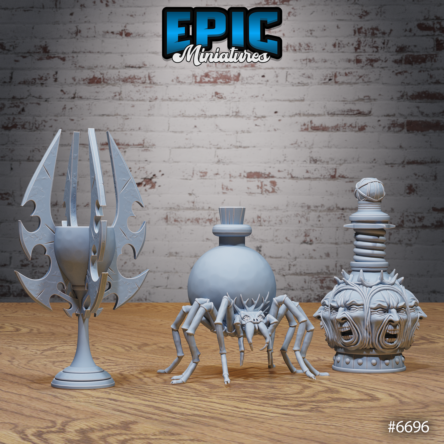 Three unpainted grey resin arcane bottle miniatures from Epic Miniatures: a spider vial with eight arachnid legs, a winged dark trophy on a pedestal, and a screaming face decanter with four anguished faces and a spiralling tower top — product render image