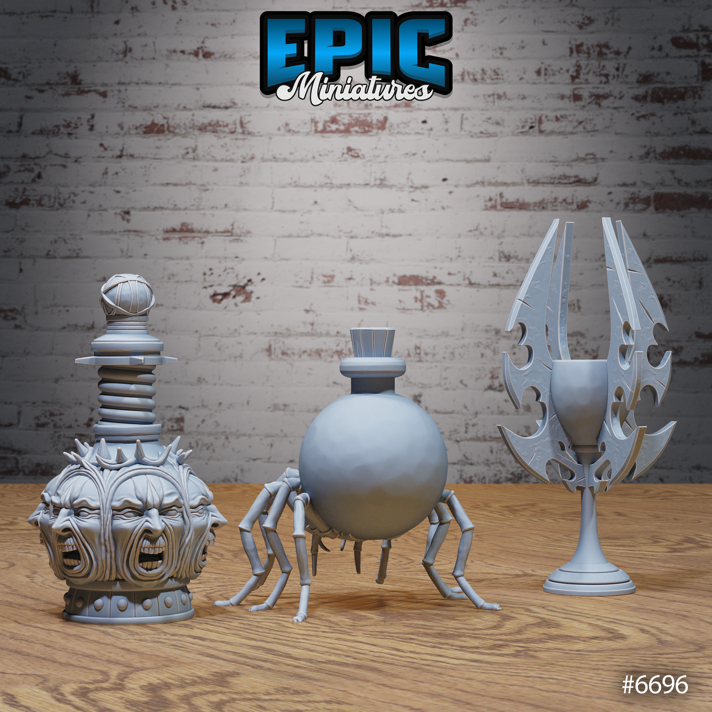 Rear and side view of the same three unpainted grey resin arcane bottle scatter terrain pieces from Epic Miniatures — the screaming face decanter on the left, spider vial in the centre, and dark trophy stand on the right — product render image