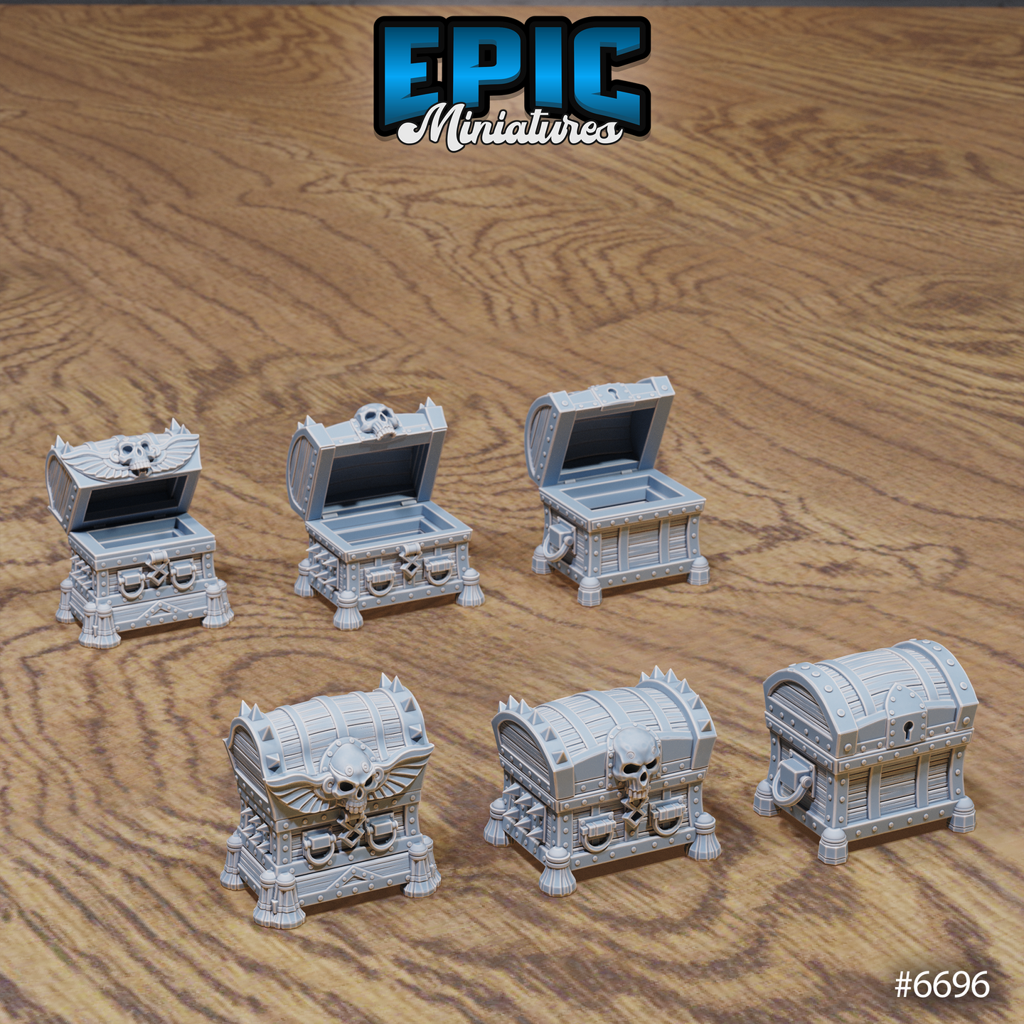 Six unpainted grey resin Lich Crypt Chest scatter terrain pieces by Epic Miniatures — three open-lidded chests with skull, winged, and plain iron designs alongside three closed chests with skull clasps, spike-studded lids, and padlock fittings, photographed on a wooden surface