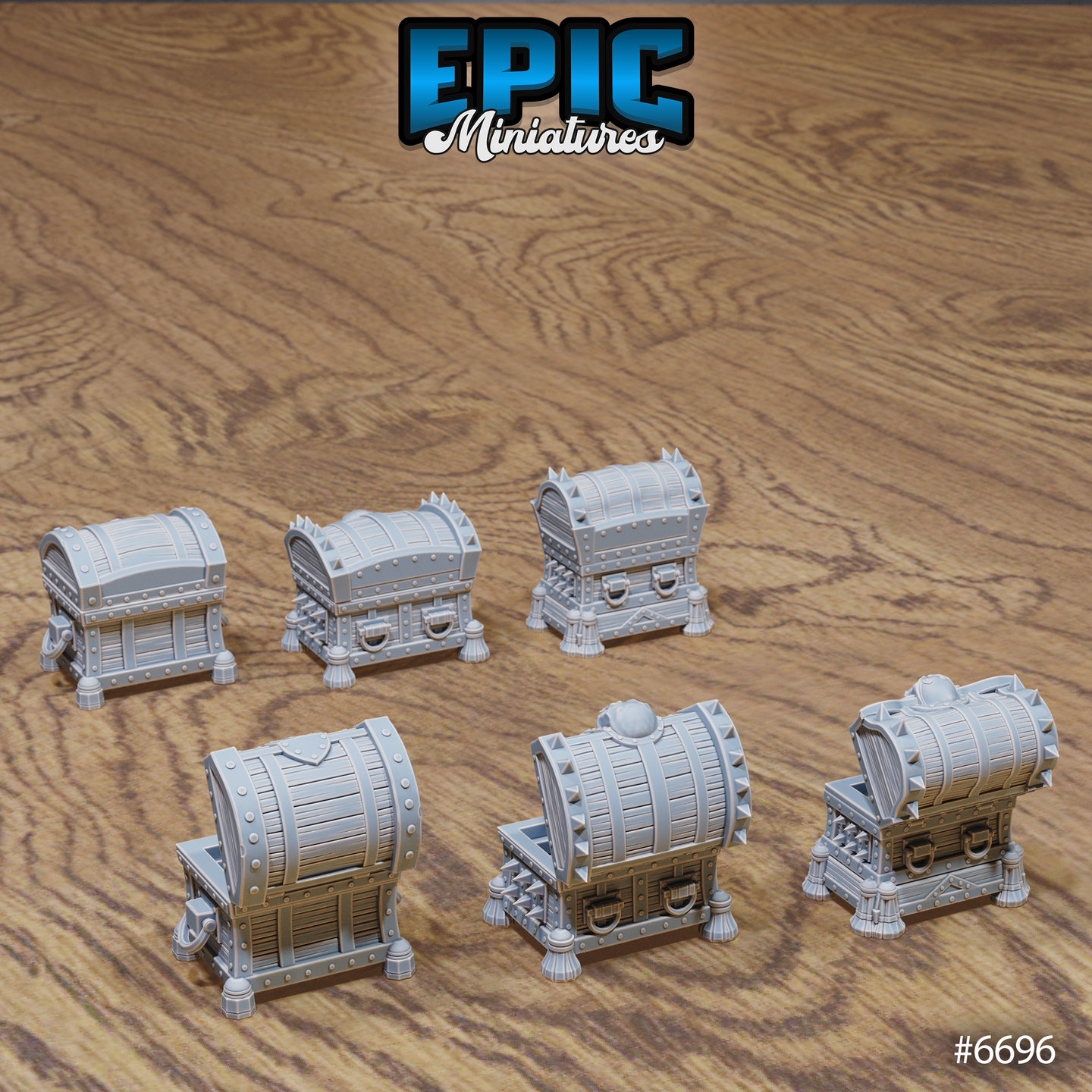 Rear and side view of six unpainted grey resin Lich Crypt Chest scatter terrain pieces by Epic Miniatures — showing three closed barrel-lidded chests in varying ornate styles and three additional closed variants with iron banding, spiked trim, and decorative hardware, photographed on a wooden surface