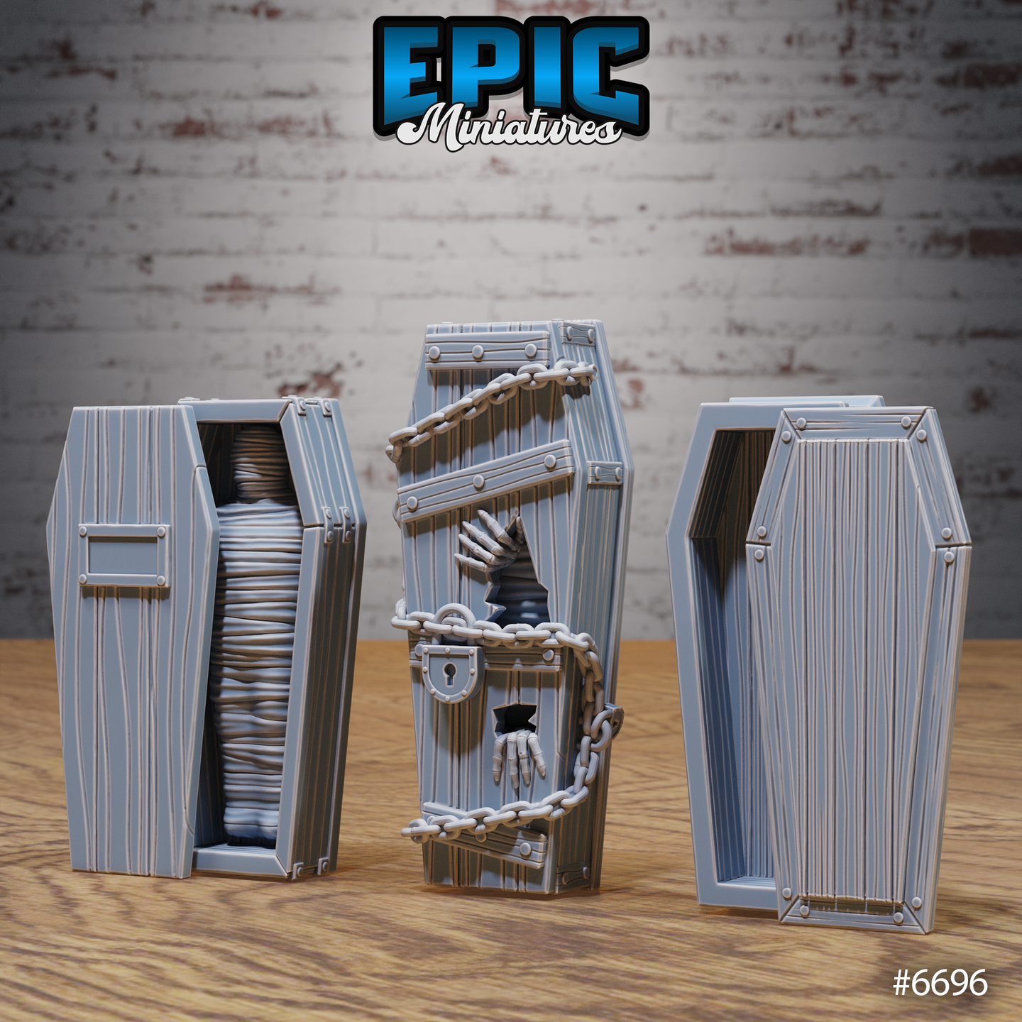 Three unpainted grey resin coffin terrain pieces from Epic Miniatures, shown open and from the front: left coffin open revealing a mummified figure wrapped in bandages, centre coffin chained shut with skeletal hands breaking through the splintered lid and a padlock visible, right coffin plain and open and empty — photographed on a wooden surface against a brick background