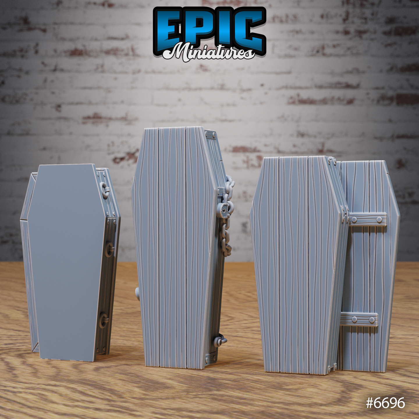 Three unpainted grey resin coffin terrain pieces from Epic Miniatures shown from the rear and side: left coffin with carry handles, centre coffin with heavy chains wrapped around the exterior and a small bolt fitting, right coffin with iron hinge and bar fittings on the side — photographed on a wooden surface against a brick background