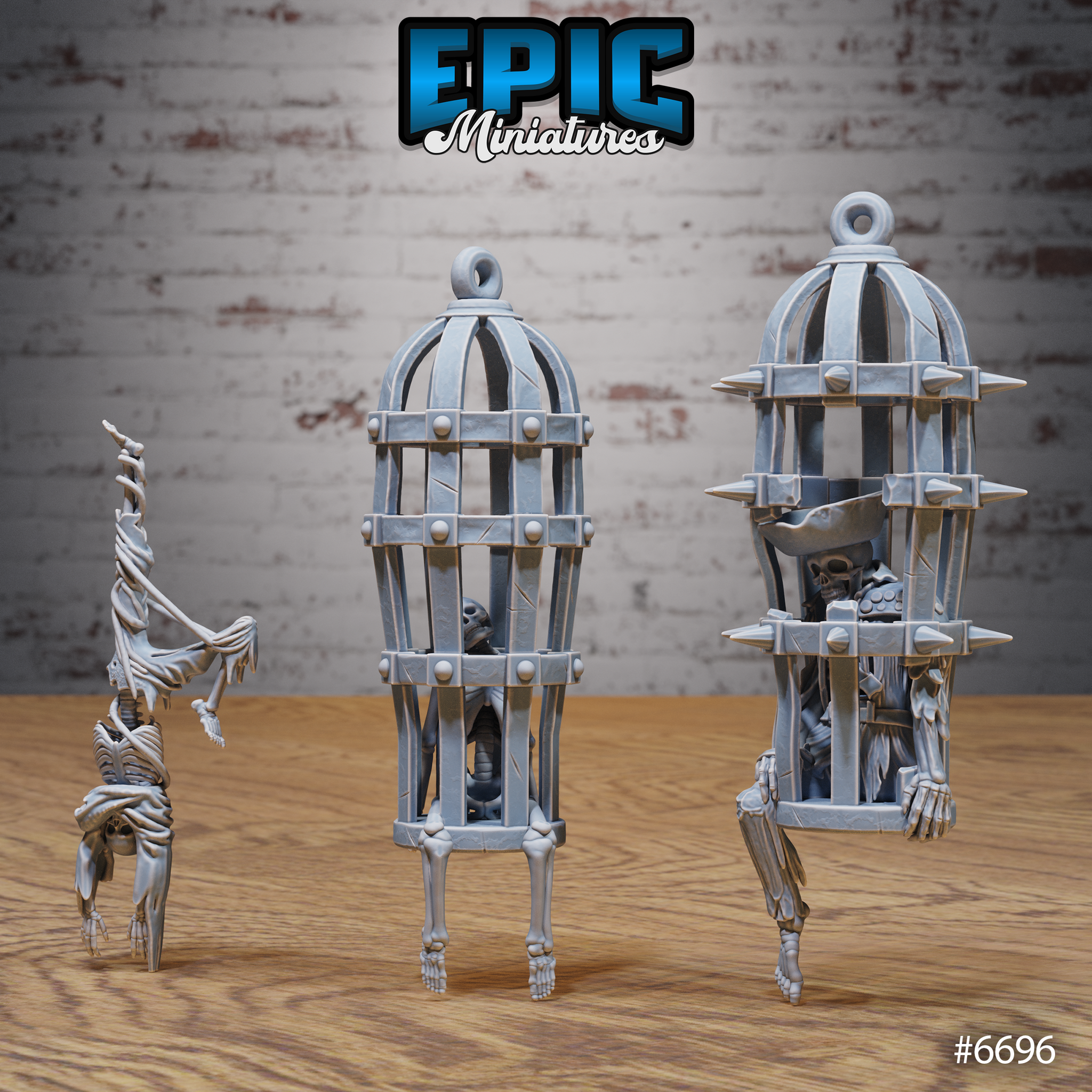 Three unpainted grey resin skeleton cage miniatures from Epic Miniatures — a ribbed birdcage on bone stilts with a huddled skeleton inside, a taller spike-collared cage containing an armoured skeleton, and a freestanding skeleton in a dramatic handstand pose, photographed on a wooden surface against a brick wall background