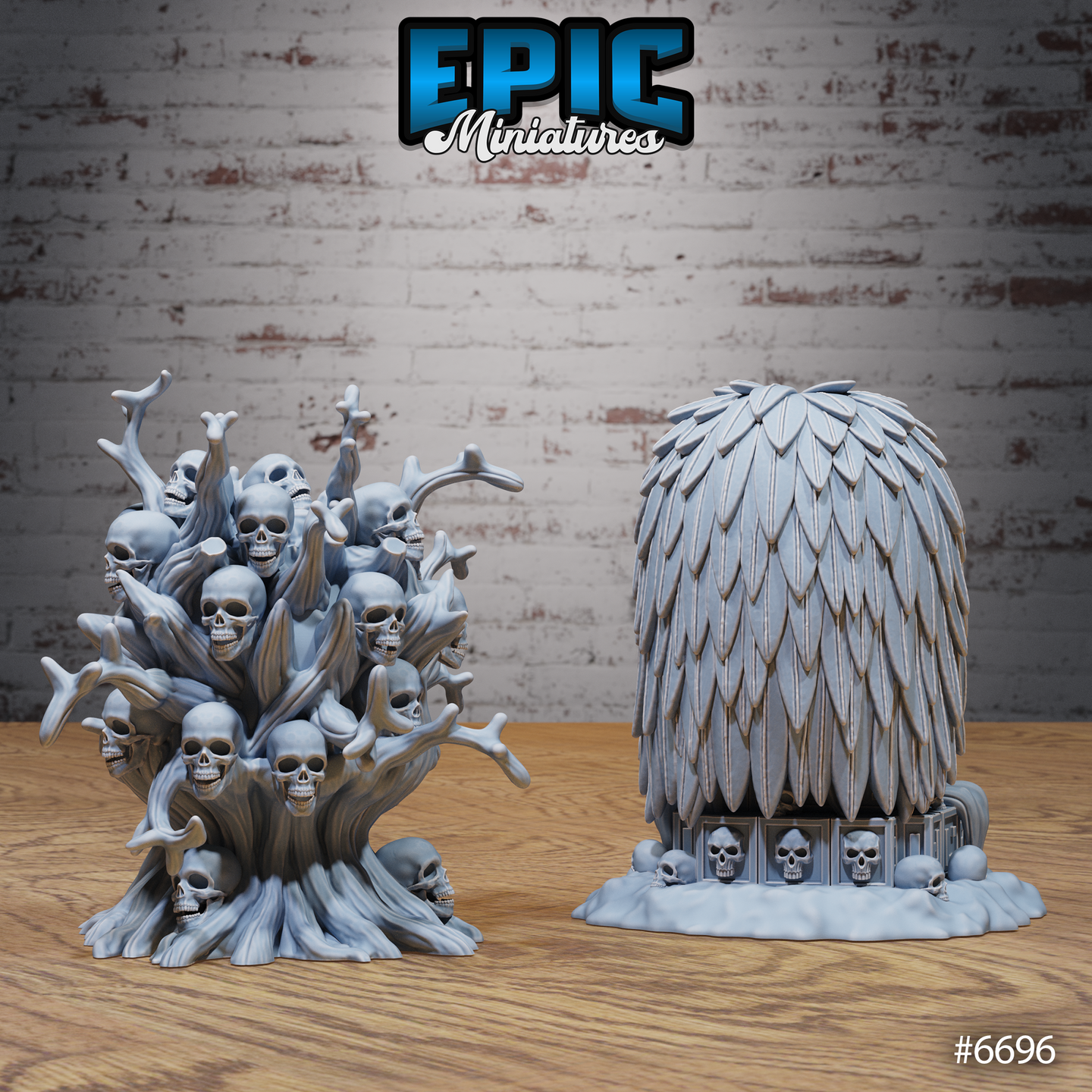 Rear and side view of the two Epic Miniatures skeleton tree terrain pieces in unpainted grey resin — the skull tree shown from the front displaying dozens of embedded skulls and reaching bone branches, and the feathered shrine shown from behind revealing its layered scale or feather texture and skull-decorated stone plinth
