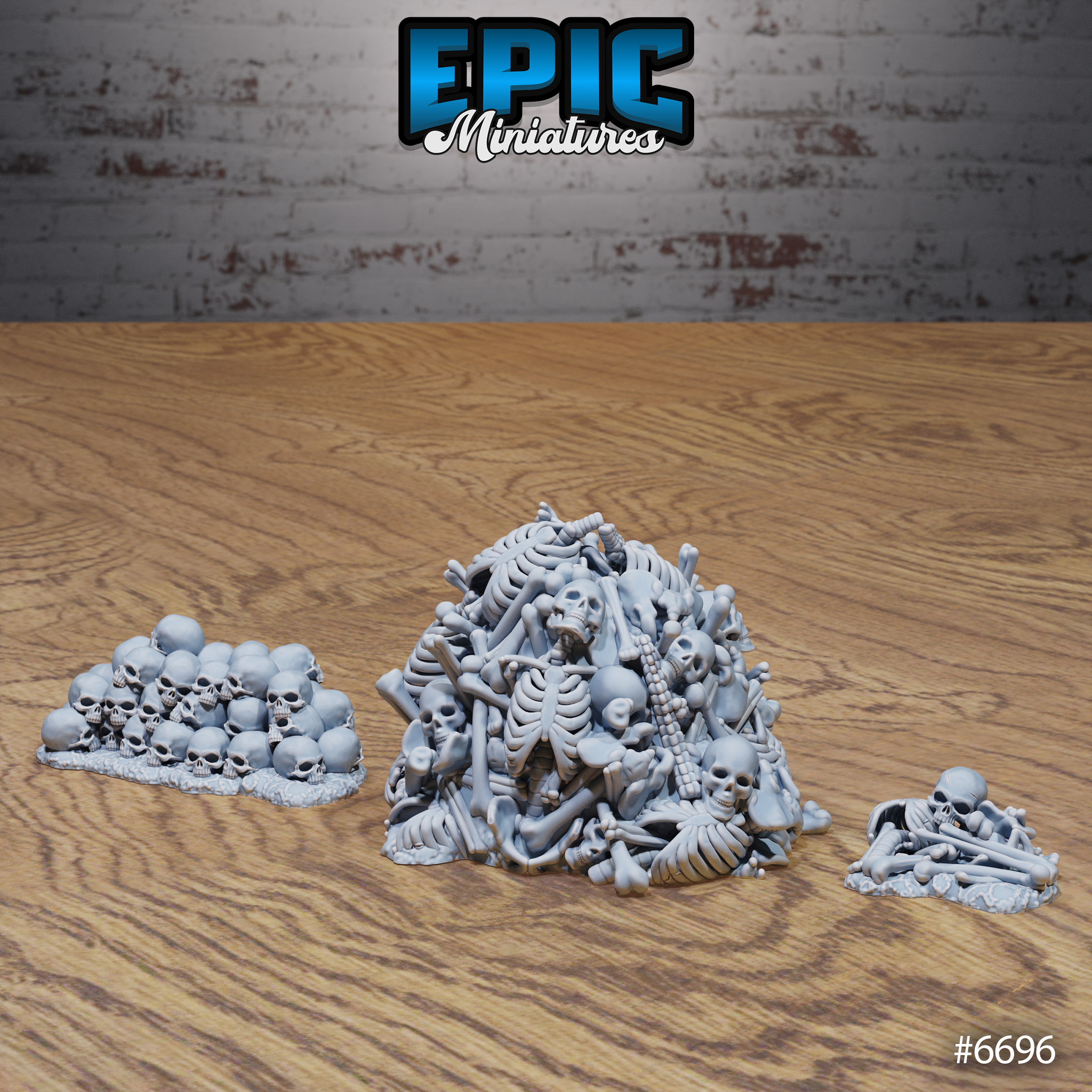 Three grey resin scatter terrain pieces from Epic Miniatures showing a large mound of tangled skeletal remains, a low pile of skulls, and a small bone scatter — all unpainted and viewed from a slightly elevated angle on a wooden surface