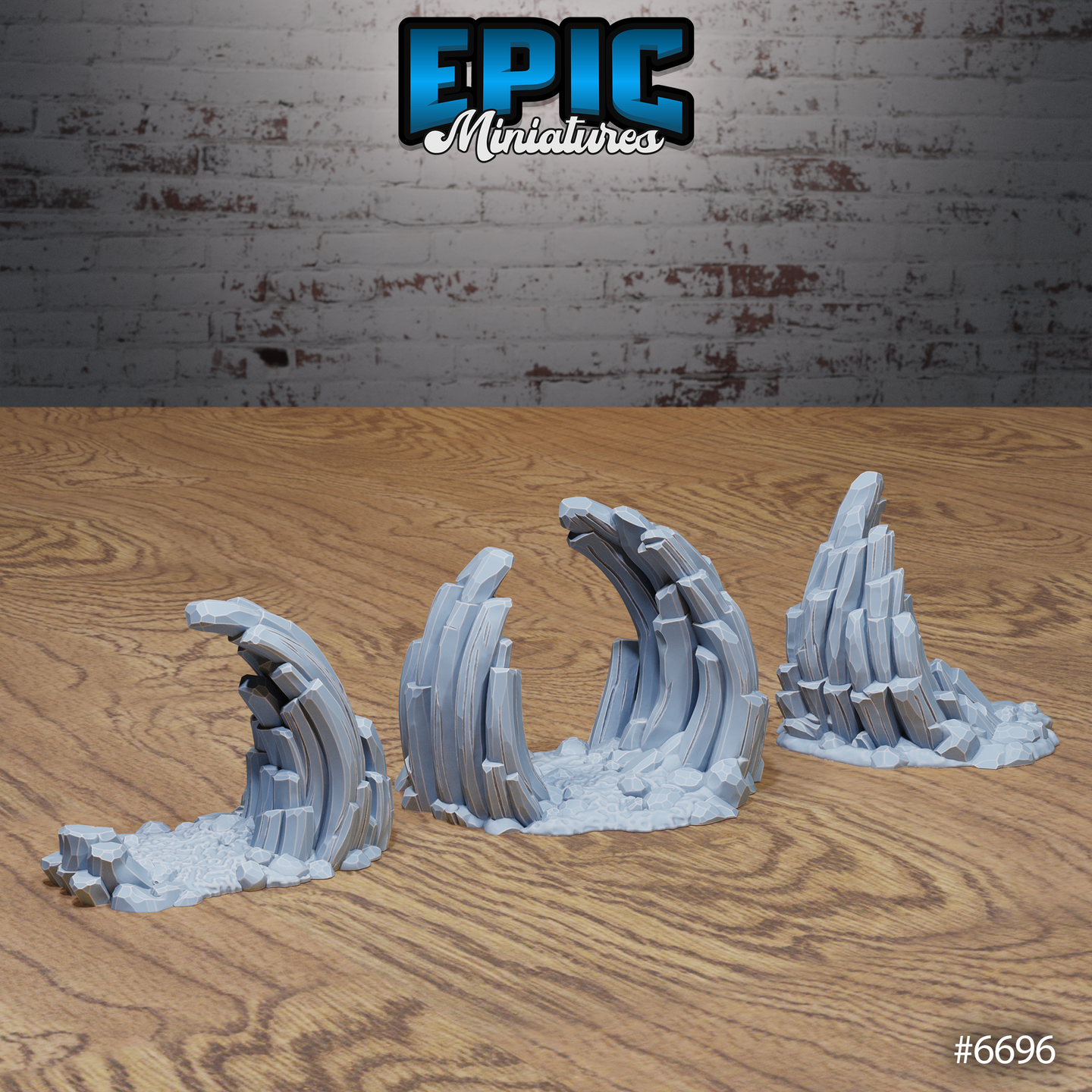 Front view of three unpainted grey resin stone rock formation scatter terrain pieces — a curling arched slab, a tall paired arch cluster, and a jagged spire — all with layered stratified rock texture and rubble bases, compatible with 32mm tabletop miniatures