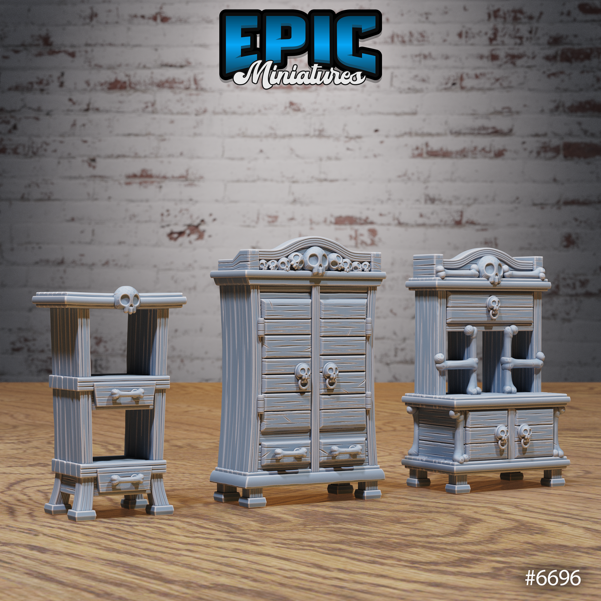 Three unpainted grey resin gothic wardrobe scatter terrain pieces from Epic Miniatures — a tall double-door wardrobe with skull cornice and bone handles, a wide chest-of-drawers with open cabinet and skull details, and a slim pedestal side-table, all decorated with carved woodgrain, skull finials, and crossbone hardware, shown from the front
