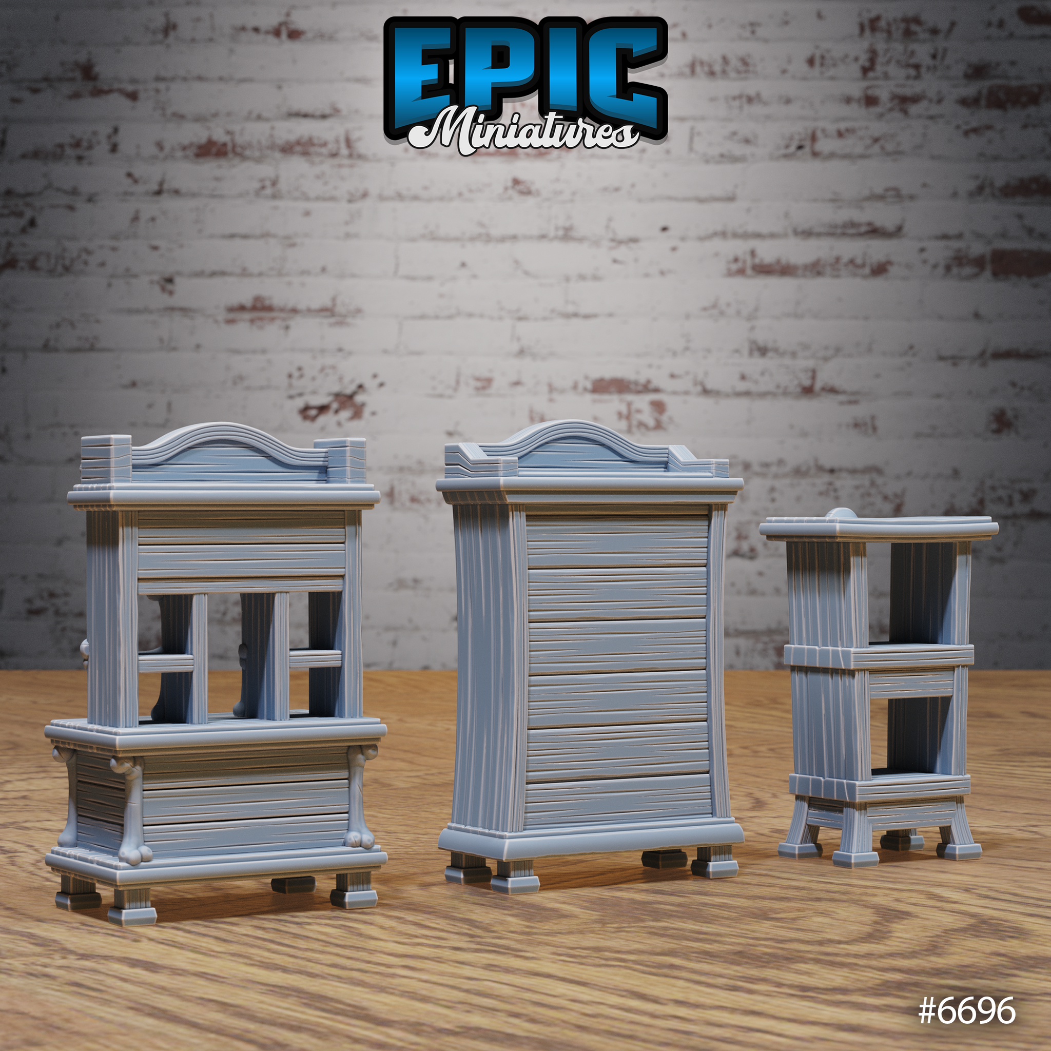 Rear view of the same three unpainted grey resin gothic wardrobe terrain pieces from Epic Miniatures, showing clean reverse sculpts of the tall wardrobe, wide chest-of-drawers cabinet, and slender pedestal table, demonstrating detail visible from all angles on the tabletop