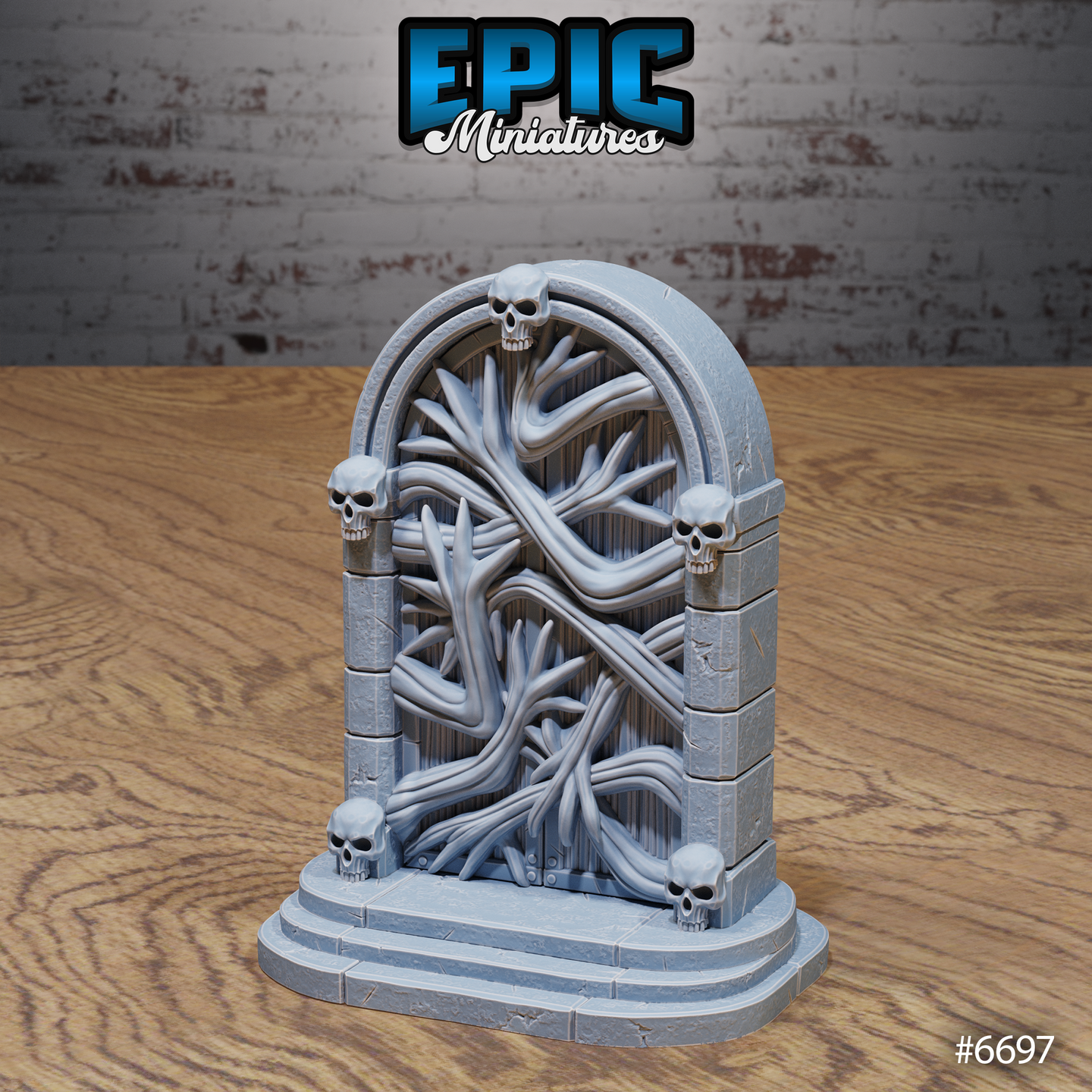 Unpainted grey resin dark gate terrain piece with skull-adorned stone arch, grasping tendrils coiling across a closed wooden door, six skulls set into the frame, and a raised stepped plinth base — sculpted by Epic Miniatures