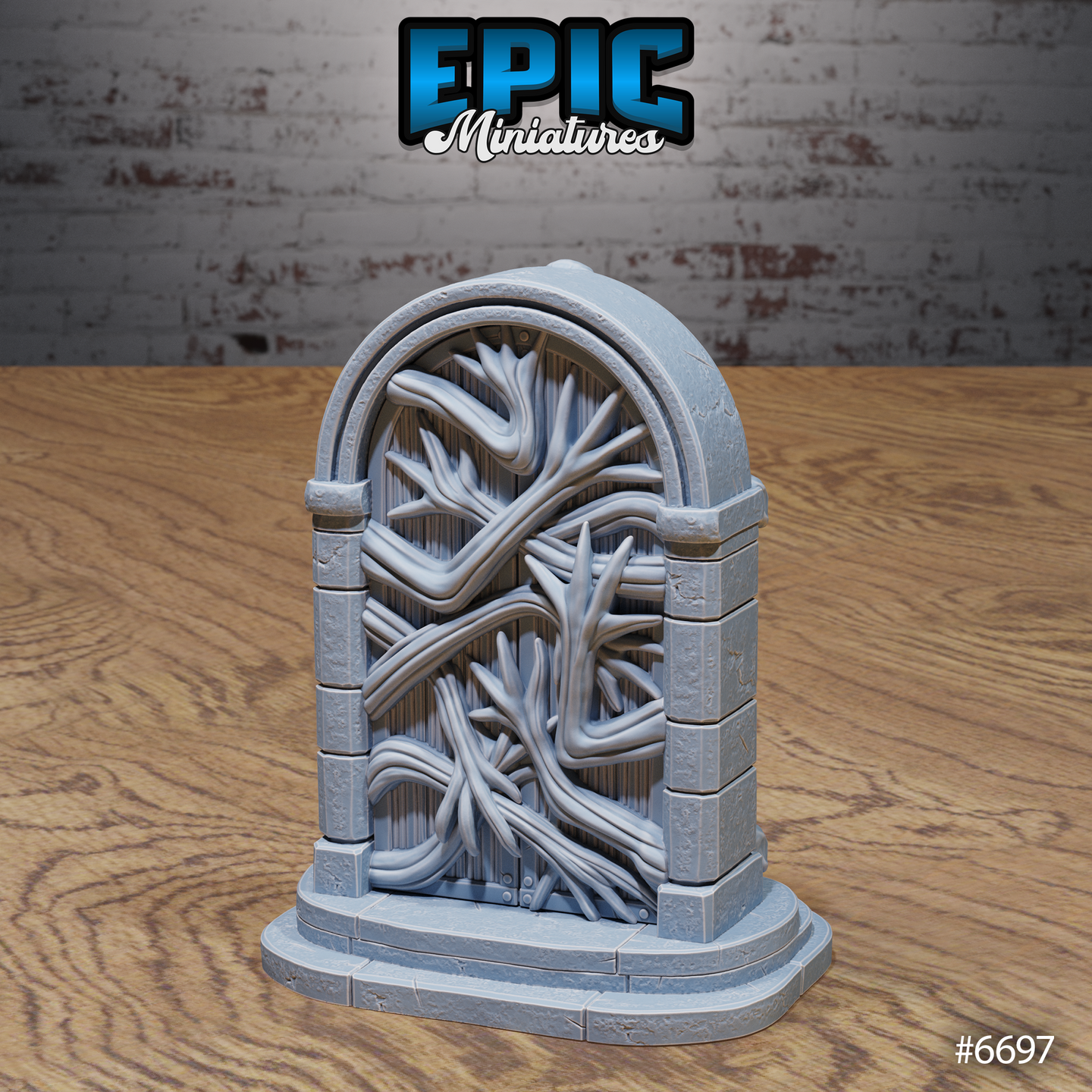 Unpainted grey resin dark gate terrain piece showing the clean-arch variant without skulls, stone archway wrapped in writhing tendrils across a closed door, stepped oval base, rear three-quarter view — sculpted by Epic Miniatures