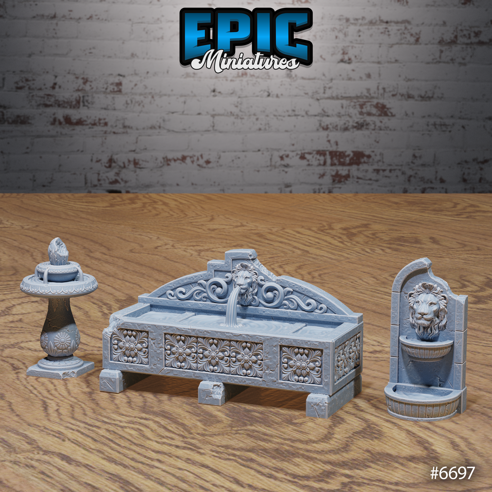 Three unpainted grey resin stone fountain terrain pieces by Epic Miniatures — a large rectangular lion-head basin fountain with scrollwork and floral relief panels, a slender pedestal fountain with flame finial and botanical carvings, and a compact wall-mounted lion-head fountain with catch basin, all in intact condition