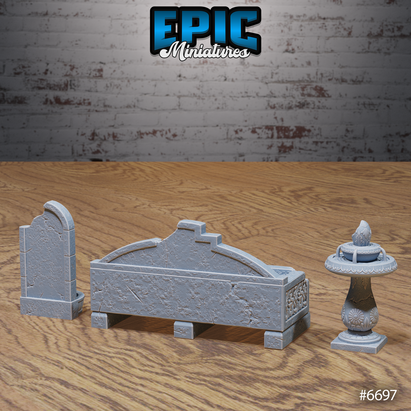 Three unpainted grey resin stone fountain terrain pieces by Epic Miniatures in their destroyed variant — the rectangular basin fountain with cracked and fractured stonework, the pedestal fountain with weathered surfaces, and the wall-mounted lion-head fountain showing aged and broken detail