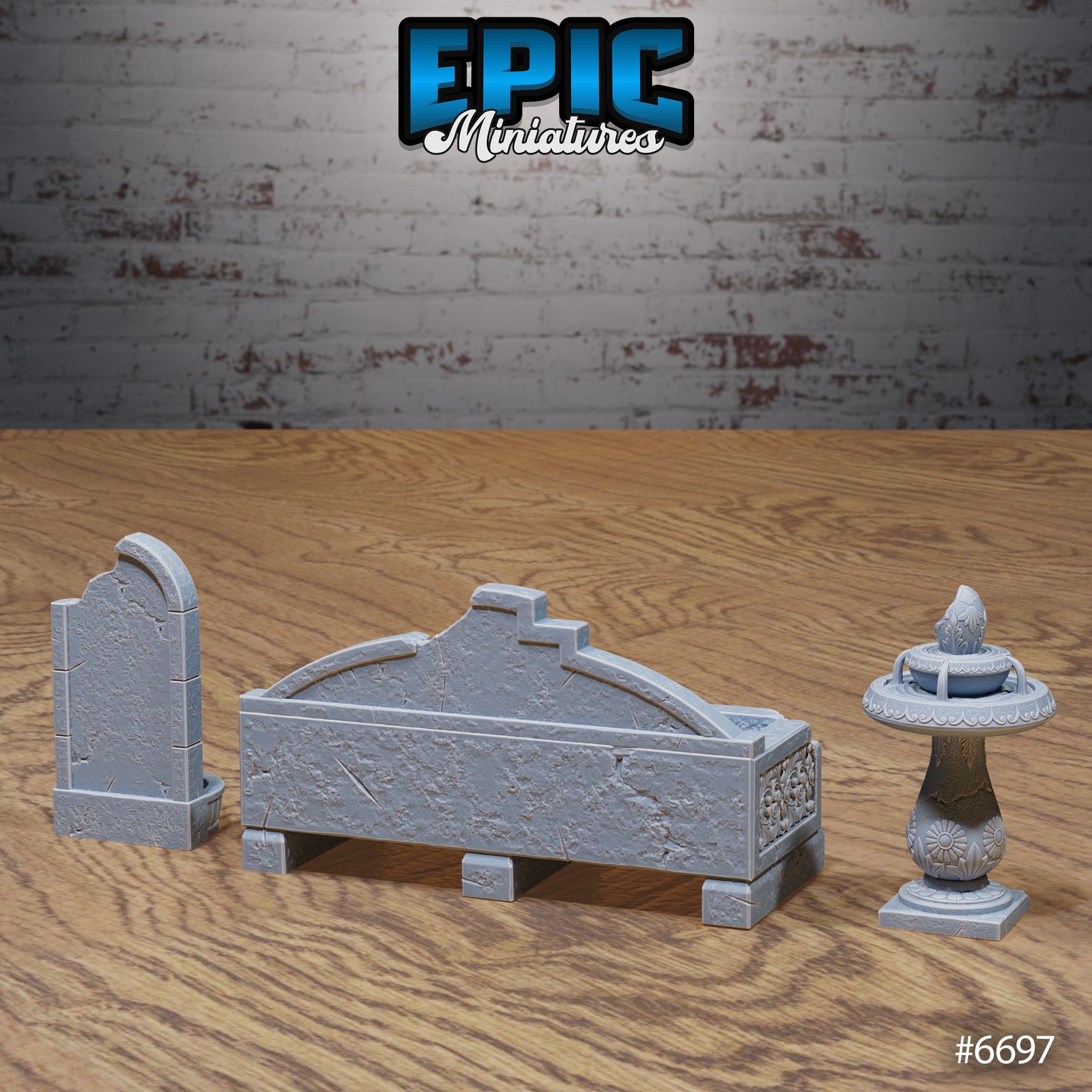 Three unpainted grey resin stone fountain terrain pieces by Epic Miniatures in their destroyed variant — the rectangular basin fountain with cracked and fractured stonework, the pedestal fountain with weathered surfaces, and the wall-mounted lion-head fountain showing aged and broken detail