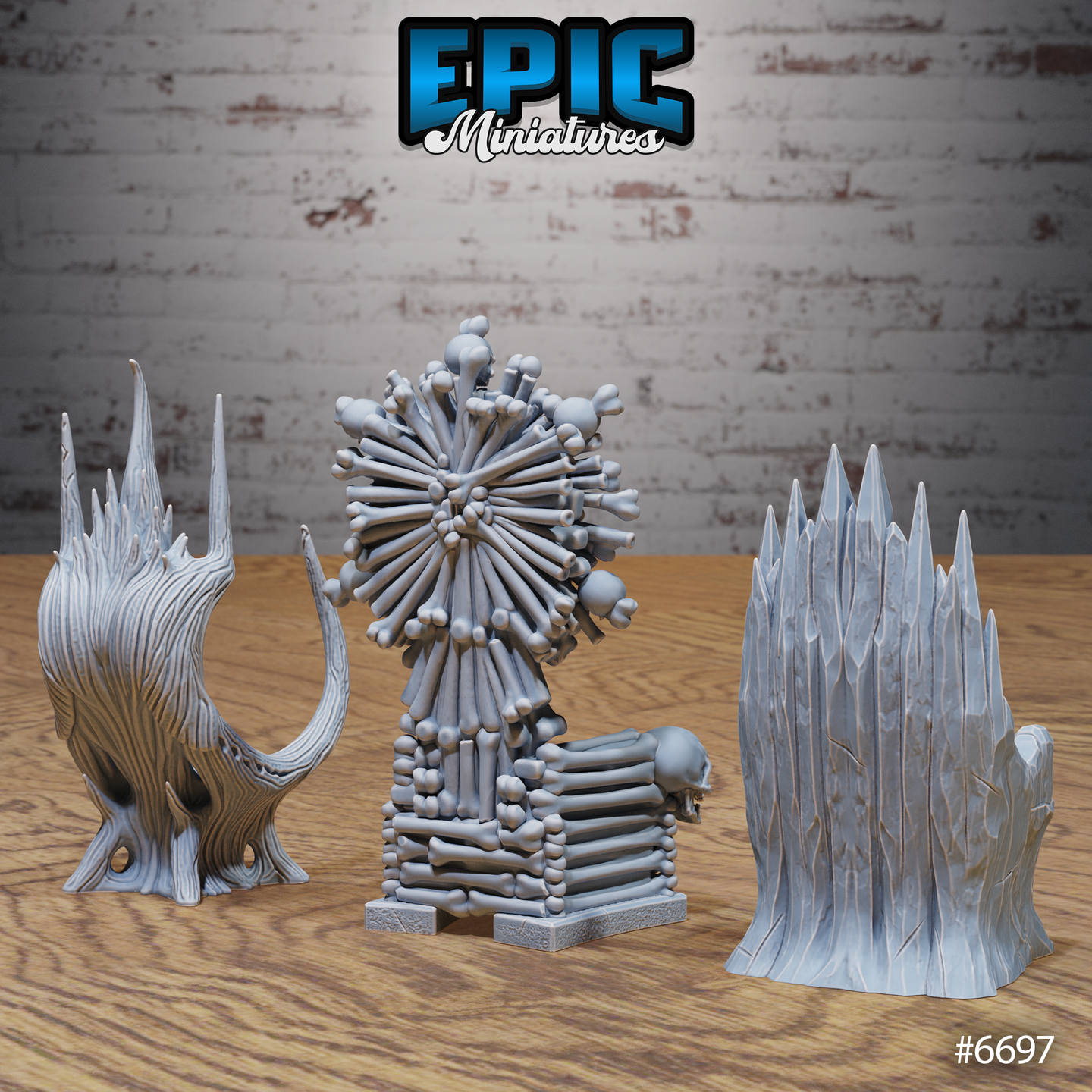 Rear three-quarter view of the same three Epic Miniatures evil thrones — the twisted wood throne on the left shows deep bark grain texture, the central bone throne reveals the stacked bone column construction and skull detail at the base, and the ice throne on the right shows the full shard cluster backrest — all unpainted grey resin on a wooden surface