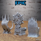 Rear three-quarter view of the same three Epic Miniatures evil thrones — the twisted wood throne on the left shows deep bark grain texture, the central bone throne reveals the stacked bone column construction and skull detail at the base, and the ice throne on the right shows the full shard cluster backrest — all unpainted grey resin on a wooden surface
