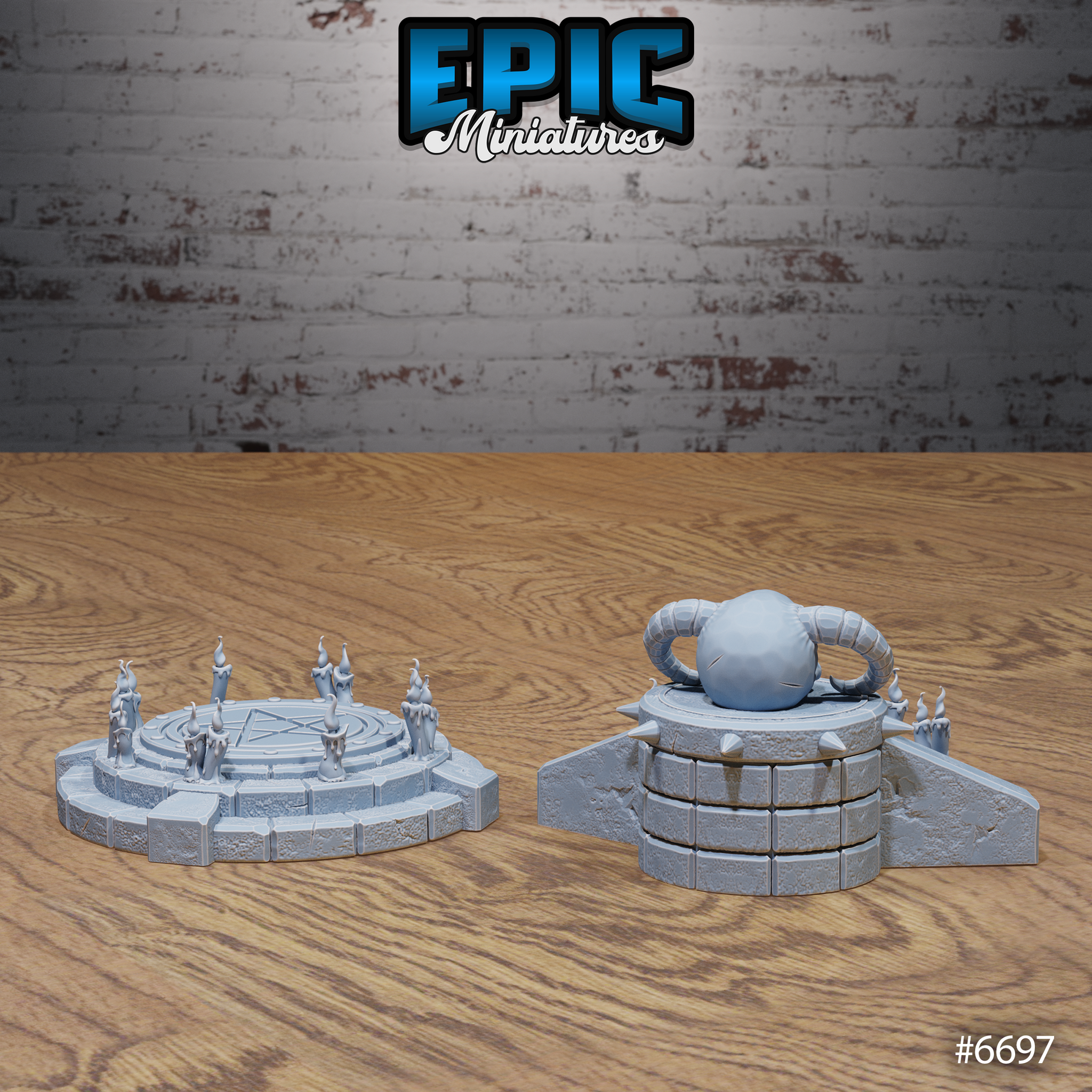 Rear view of the two unpainted grey resin occult altar terrain pieces by Epic Miniatures: the pentagram candle circle dais on the left and the horned skull plinth shrine from behind on the right, showing stone block detailing on the stepped bases