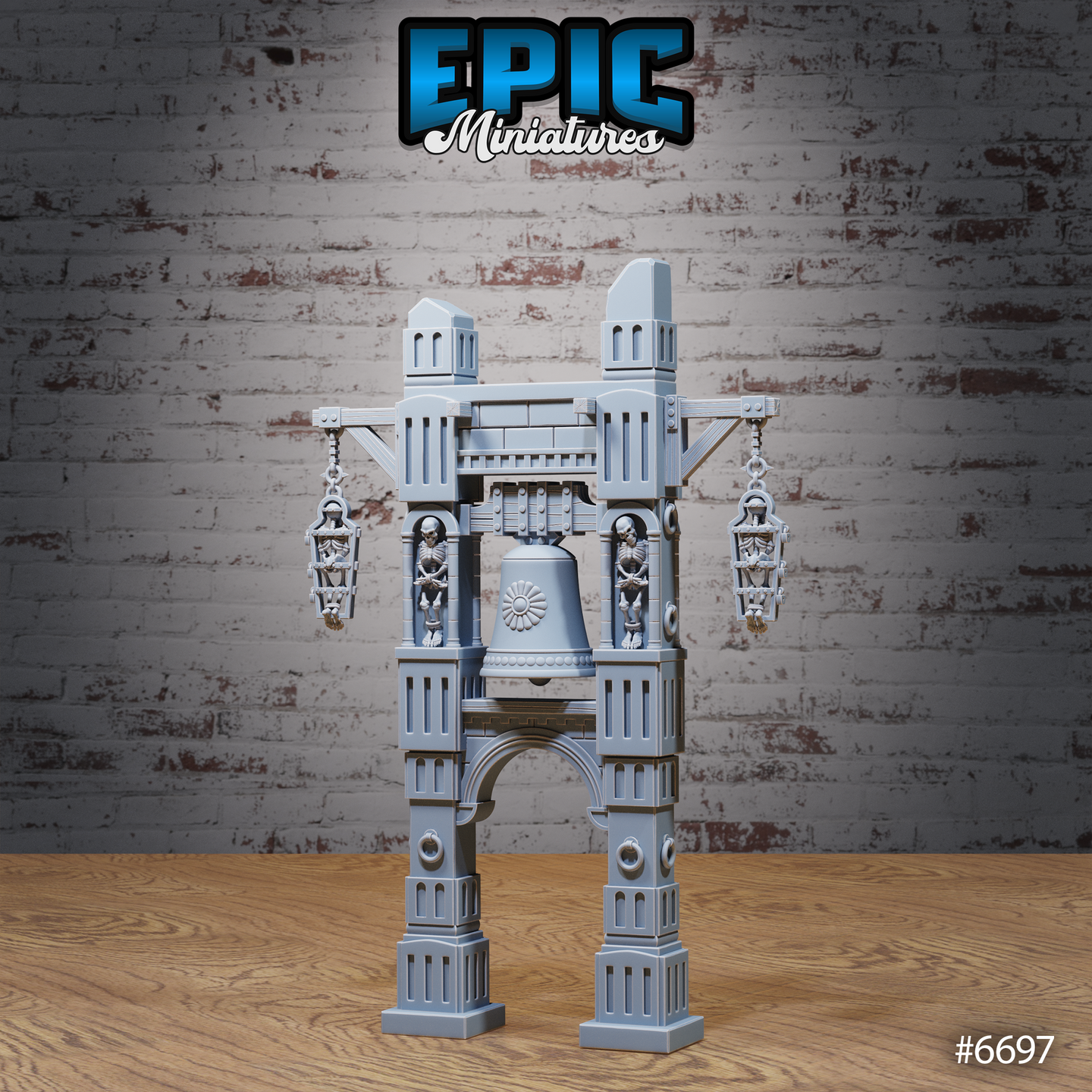 Unpainted grey resin bell tower terrain miniature with skeletal figures in hanging cage-lanterns and alcoves, featuring an ornate bell on a four-pillared stone arch structure with crenellated towers — front three-quarter view