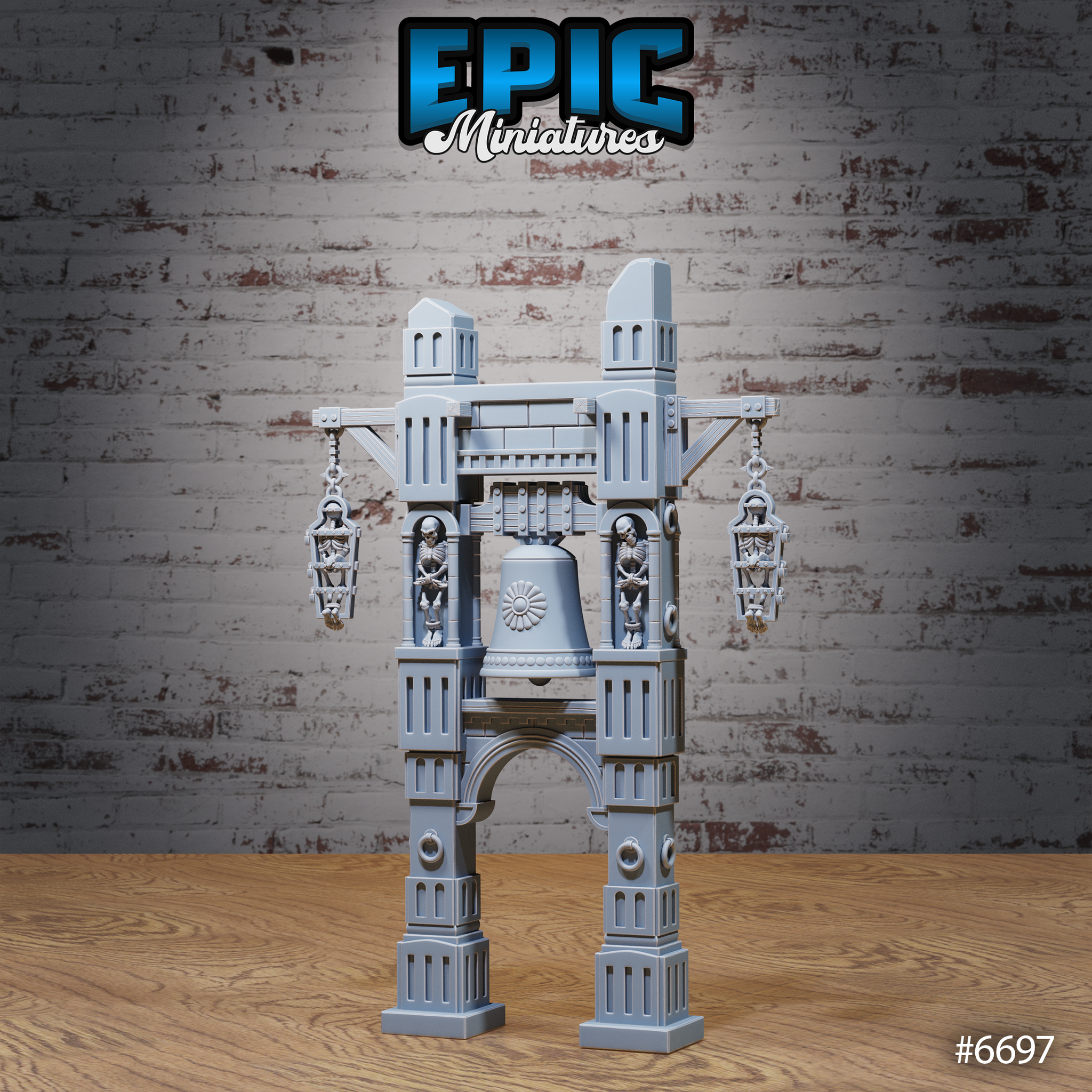 Unpainted grey resin bell tower terrain miniature with skeletal figures in hanging cage-lanterns and alcoves, featuring an ornate bell on a four-pillared stone arch structure with crenellated towers — front three-quarter view