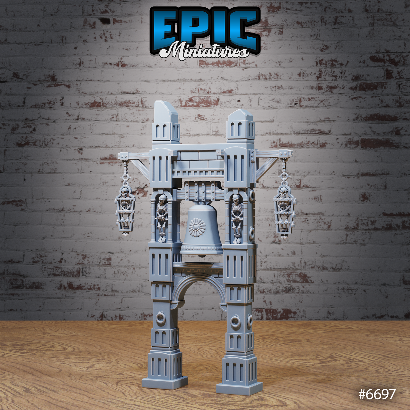 Unpainted grey resin bell ruins terrain piece showing the ornate central bell, two skeleton figures locked into the main pillar alcoves, and two caged skeleton lanterns suspended from crossbeams — slightly elevated front view