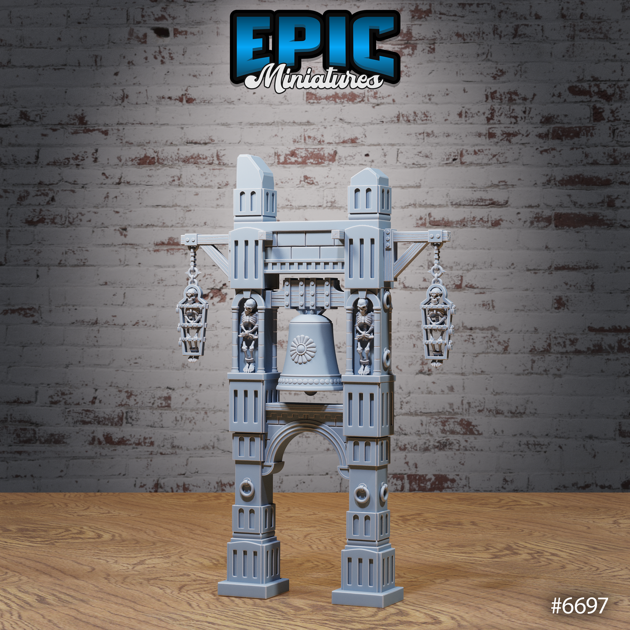 Unpainted grey resin bell ruins terrain piece showing the ornate central bell, two skeleton figures locked into the main pillar alcoves, and two caged skeleton lanterns suspended from crossbeams — slightly elevated front view