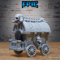 Front three-quarter view of the Dark Carriage resin terrain piece by Epic Miniatures — an unpainted grey resin digital render showing a covered wagon with spoked wheels, a spine-ridged canvas roof, a large horned demon skull at the front, a smaller skull at the rear, and a screaming skull with a bone halo mounted on the side panel. The arched rear doorway is open and dark.