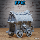 Rear three-quarter view of the Dark Carriage resin terrain piece by Epic Miniatures — an unpainted grey resin digital render showing the back and side of the gothic carriage, with the ribbed canvas roof, spine ridge detail, bone skulls, a barred window on the rear panel, and a hanging lantern cage beside the arched rear door. Spoked wheels and wood grain planking are clearly visible.