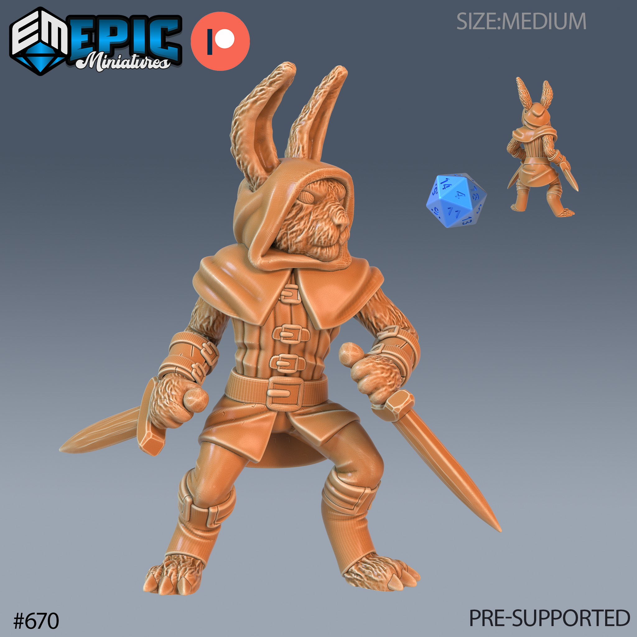 Digital render of an unpainted Bunny Rogue miniature — a dual-wielding Harengon in a buckled leather coat and hood, holding two short blades in a low fighting stance, with long tufted ears visible above the hood and detailed fur across the face, hands, and feet. A scale reference die and rear-view of the sculpt are shown alongside.
