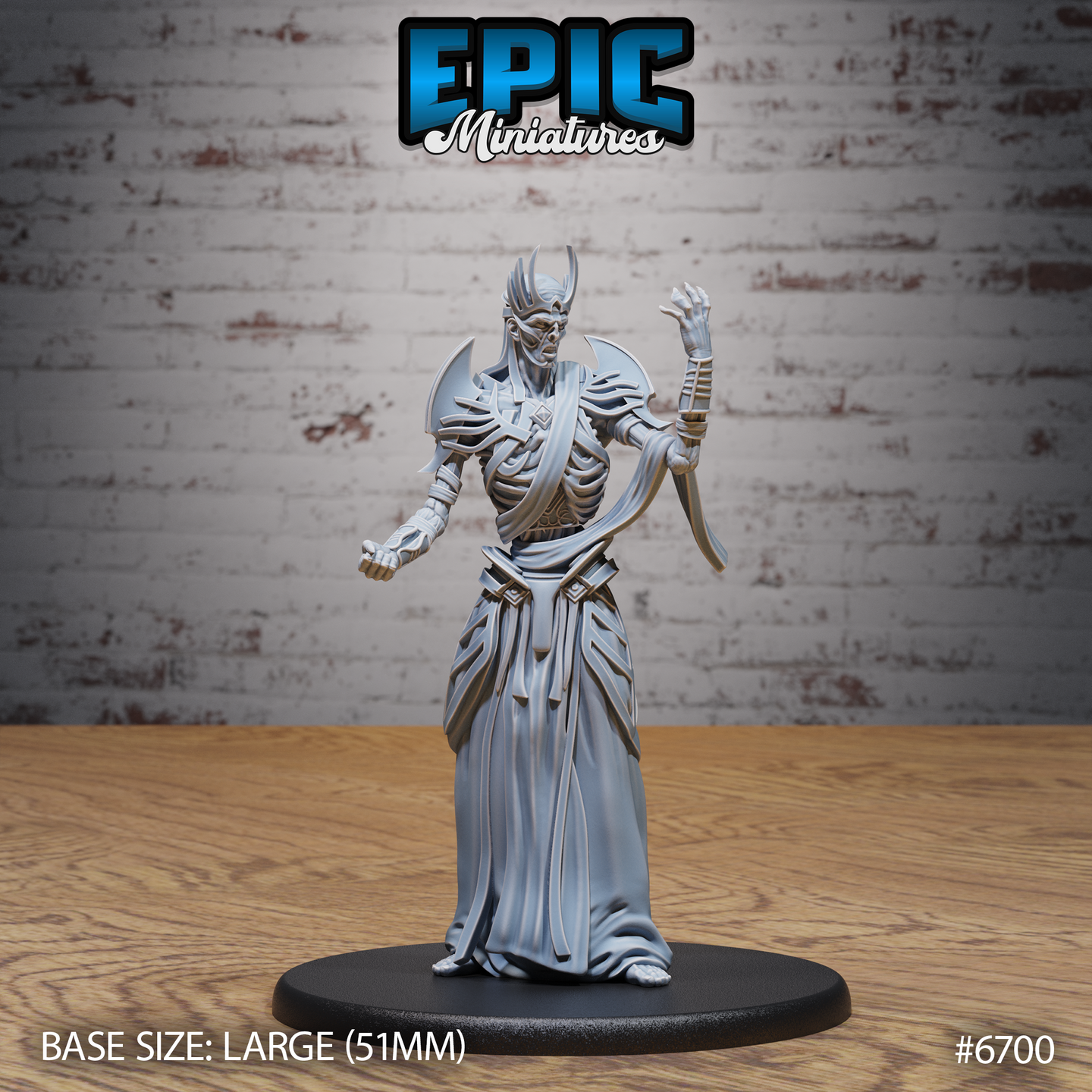 Front view of an unpainted grey resin Vecna miniature by Epic Miniatures — a gaunt lich in flowing robes with exposed ribcage, horned skull face, blade pauldrons, one arm raised with curled fingers and the other in a fist, mounted on a large 51mm black round base
