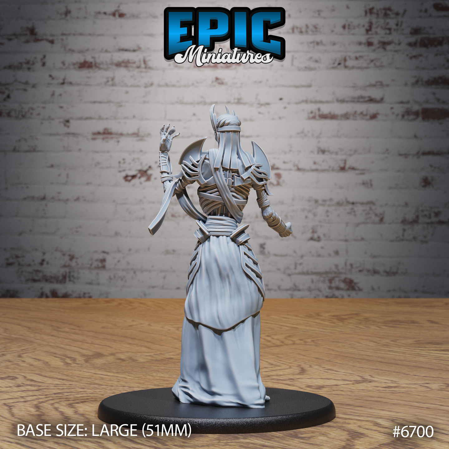 Rear view of the unpainted grey resin Vecna miniature by Epic Miniatures — showing intricately detailed flowing robe folds, spine-like armour elements along the back, bandage-wrapped arms, and the sweeping horned headdress, on a large 51mm black round base