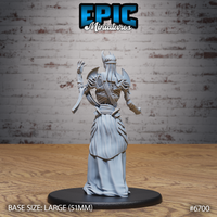 Rear view of the unpainted grey resin Vecna miniature by Epic Miniatures — showing intricately detailed flowing robe folds, spine-like armour elements along the back, bandage-wrapped arms, and the sweeping horned headdress, on a large 51mm black round base