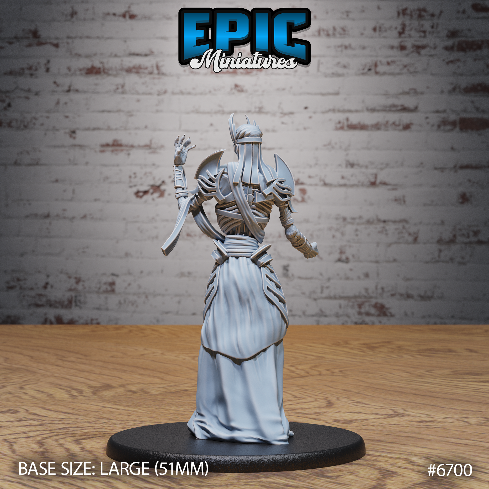 Rear view of the unpainted grey resin Vecna miniature by Epic Miniatures — showing intricately detailed flowing robe folds, spine-like armour elements along the back, bandage-wrapped arms, and the sweeping horned headdress, on a large 51mm black round base