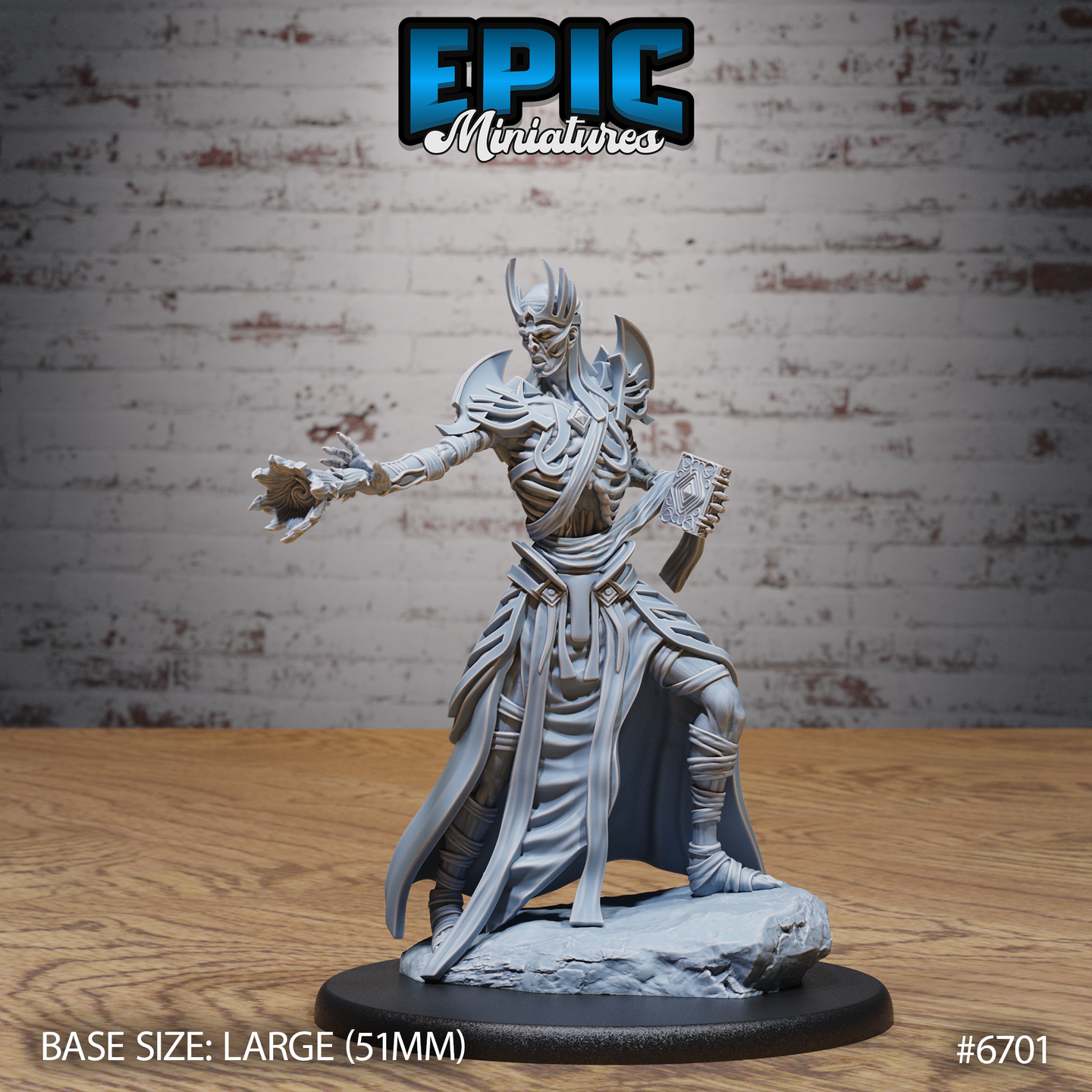Front view of an unpainted grey resin Vecna lich miniature by Epic Miniatures, shown at large scale on a 51mm base. The figure stands in a dynamic spellcasting pose — one skeletal gauntleted claw extended forward with magical energy crackling at the fingers, the other arm holding an ornate arcane tome. He wears layered burial robes, angular armour plates, and a horned ceremonial helm over a masked skull-like face. A swept cape billows behind. Rocky outcropping on base.
