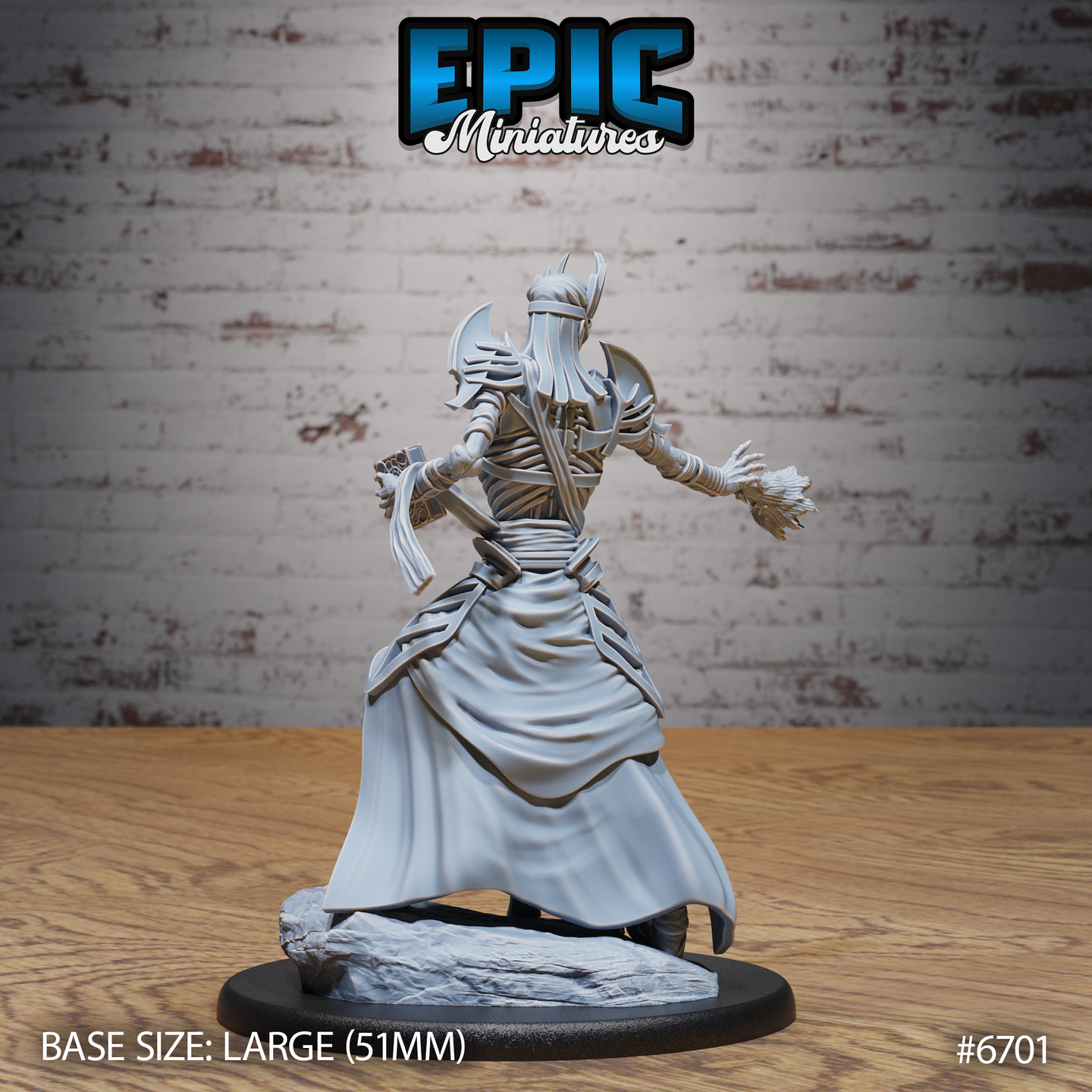 Rear view of the same unpainted grey resin Vecna lich miniature by Epic Miniatures on a 51mm base, showing the full sweep of the flowing robes, detailed back armour panelling, the bound arcane spellbook clutched at the side, and the horned helm from behind. The wide-stance dynamic pose and cape drape are clearly visible from this angle.