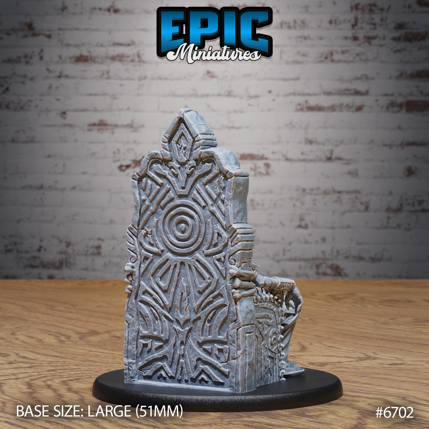Rear view of the Vecna Throne miniature showing the detailed back of the stone throne, engraved with concentric arcane circles and radiating sunburst glyphs, unpainted grey resin on a large 51mm oval base, Epic Miniatures product #6702