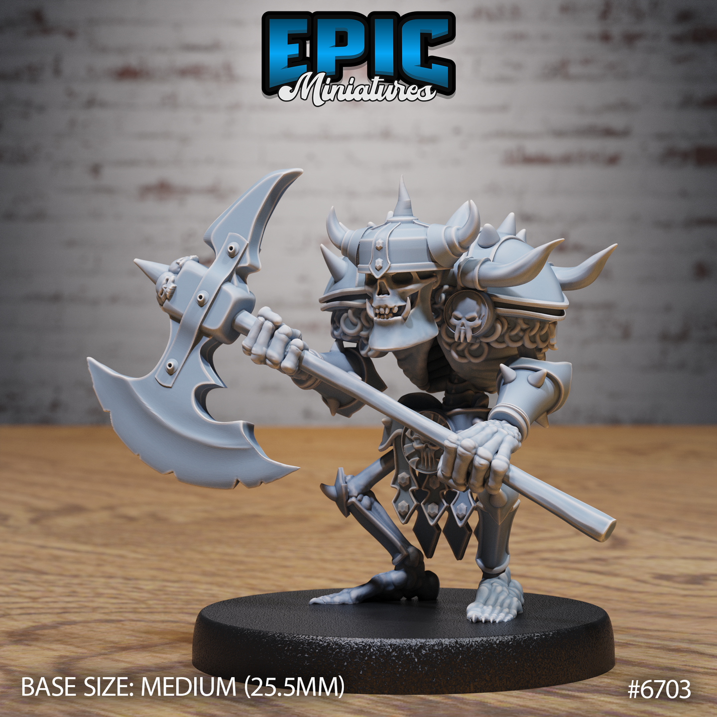 Unpainted grey resin miniature of an armoured skeleton warrior gripping a large spiked battle-axe in both hands, wearing a horned helmet with skull motifs, posed aggressively on a 25.5mm medium round base — Epic Miniatures Evil Skeleton by Mitz & Simz