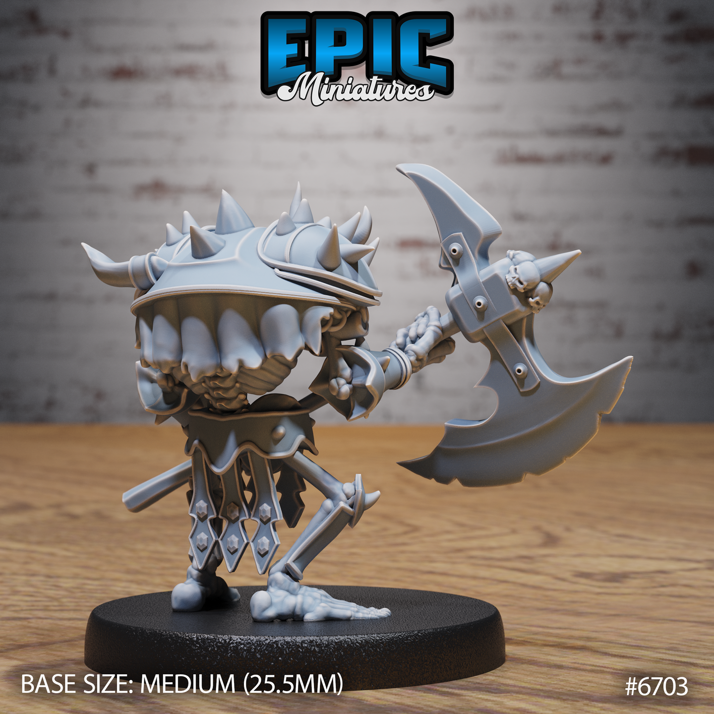 Unpainted grey resin chibi miniature of a skeleton warrior with an oversized grinning skull head, spiked helmet, and single-handed spiked battle-axe, on a 25.5mm medium round base — Epic Miniatures Evil Skeleton chibi variant by Mitz & Simz
